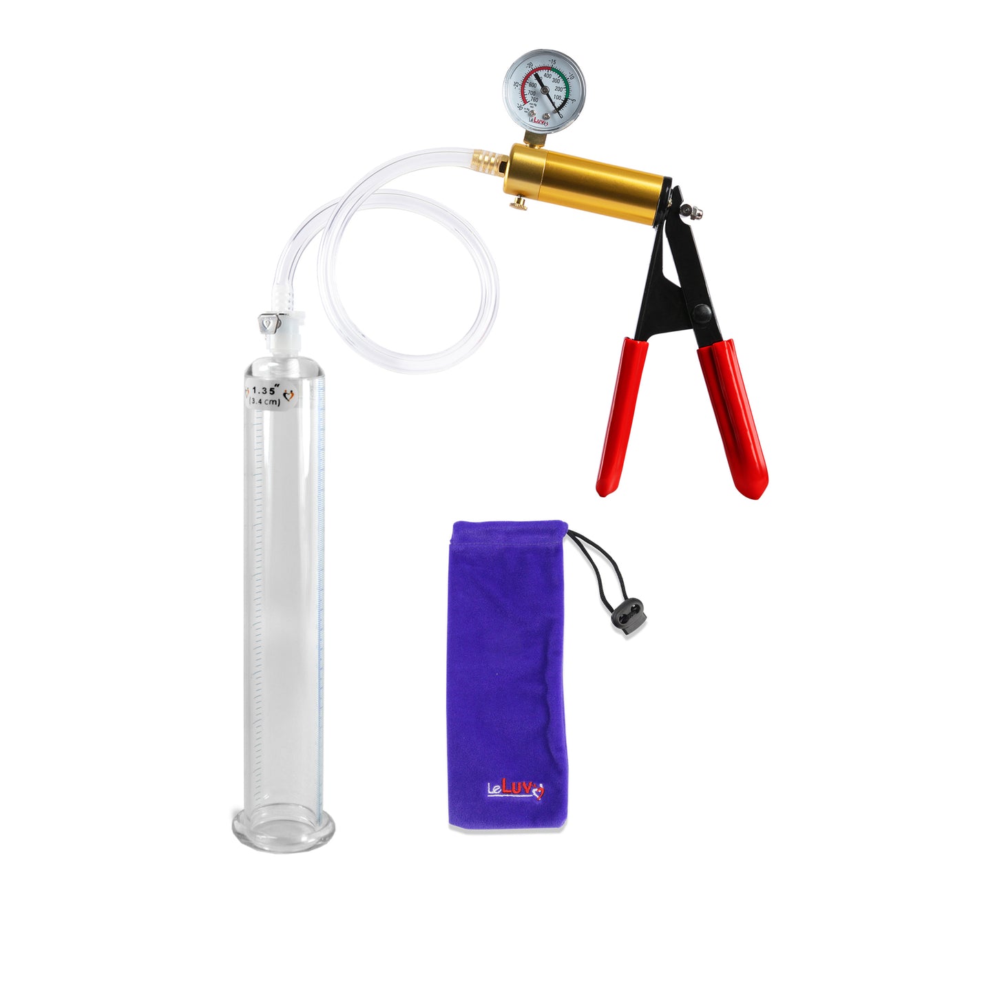 Ultima Brass Red Penis Pump | Rubber Grip, Clear Hose + Gauge | 9" x 1.35" Cylinder