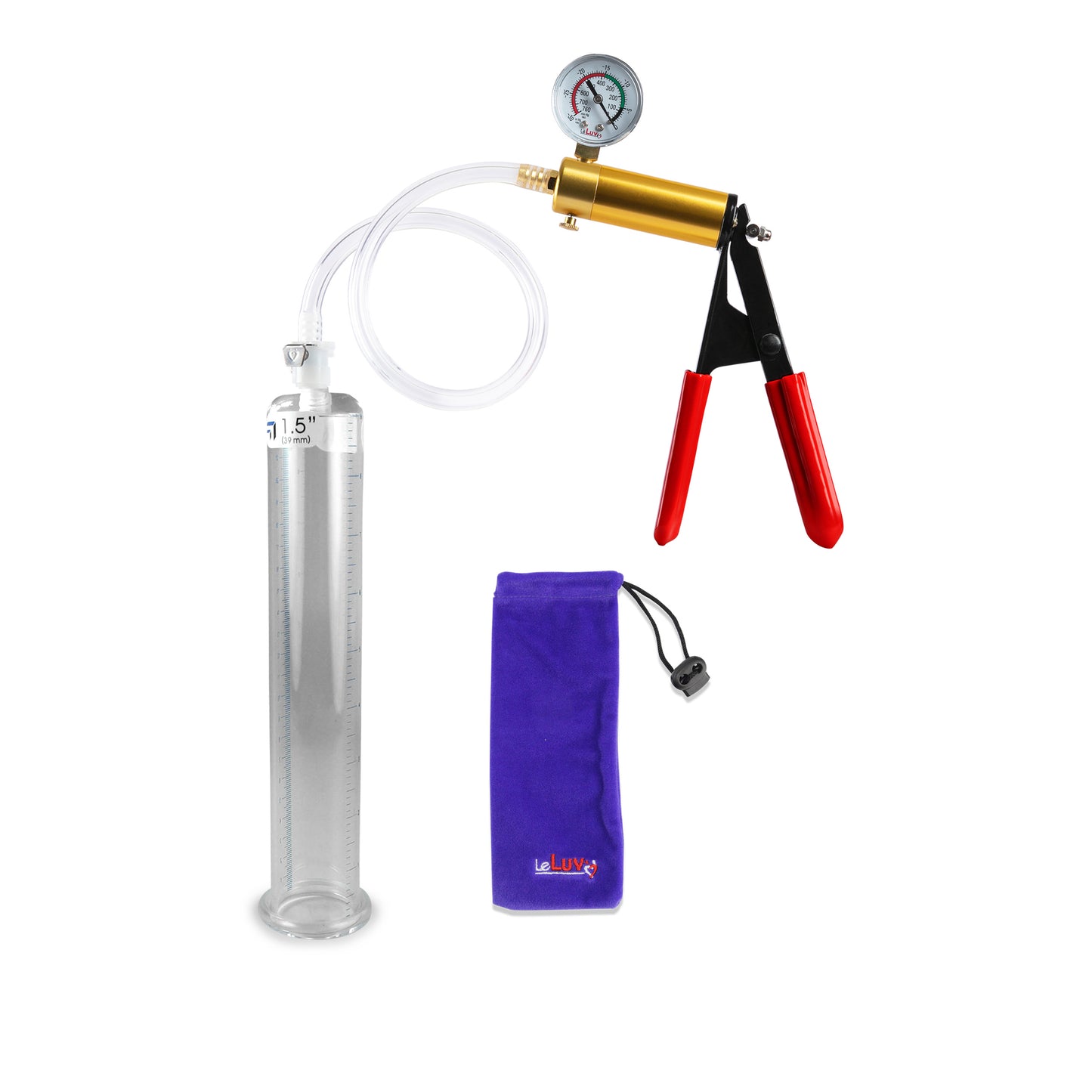 Ultima Brass Red Penis Pump | Rubber Grip, Clear Hose + Gauge | 9" x 1.50" Cylinder