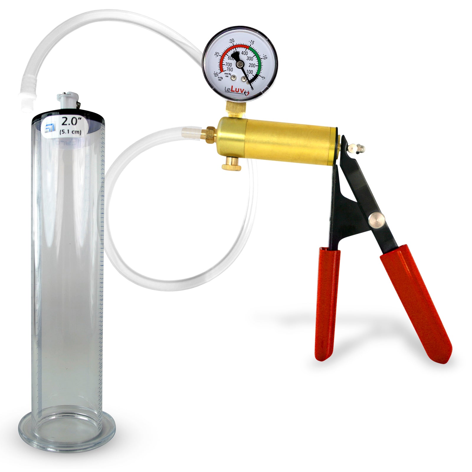 Ultima Silver Red Penis Pump | Rubber Grip, Silicone Hose + Gauge | 9" x 2.00" Wide Flange Cylinder