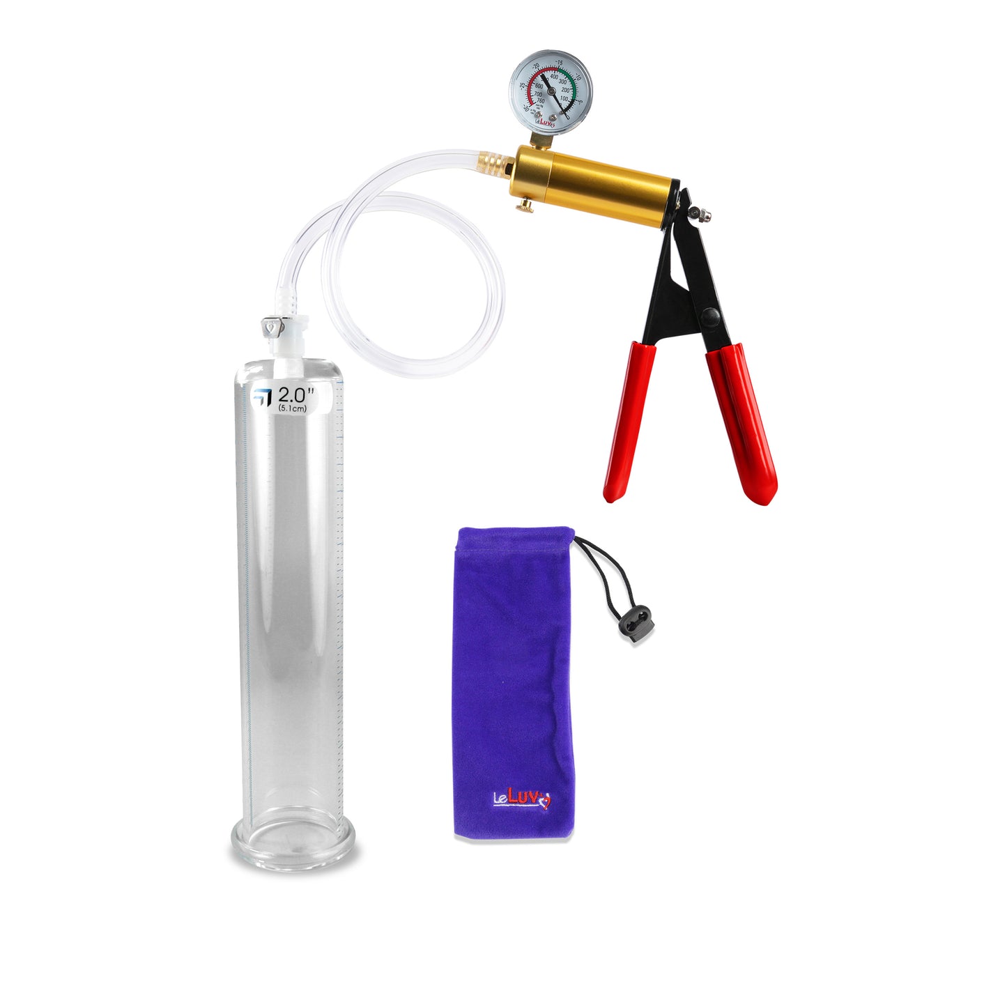 Ultima Brass Red Penis Pump | Rubber Grip, Clear Hose + Gauge | 9" x 2.00" Cylinder
