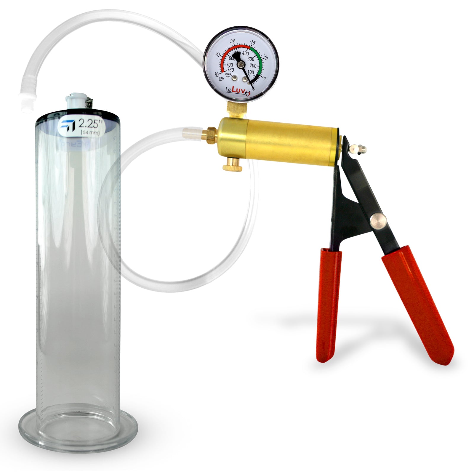 Ultima Silver Red Penis Pump | Rubber Grip, Silicone Hose + Gauge | 9" x 2.25" Wide Flange Cylinder