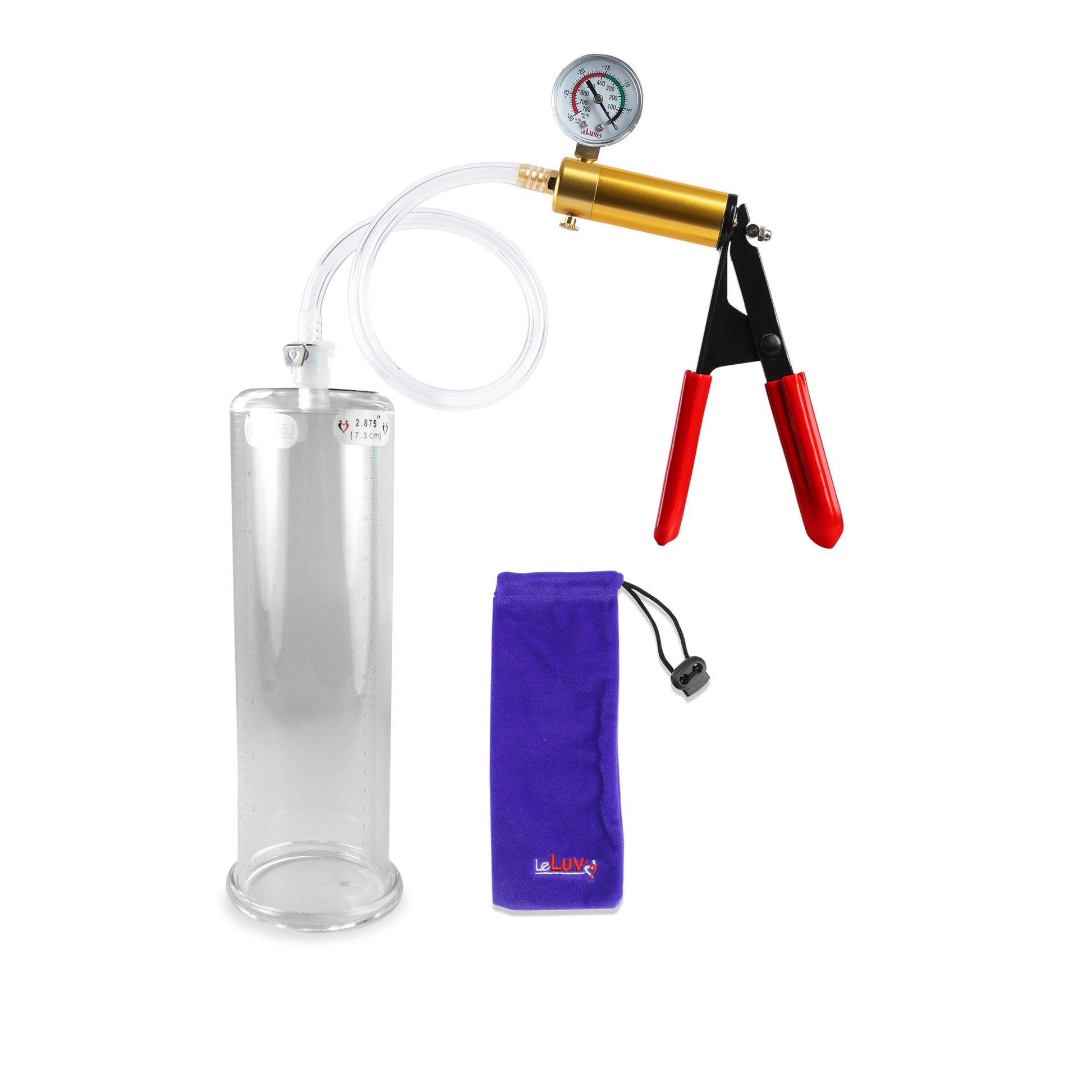 Ultima Brass Red Penis Pump | Rubber Grip, Clear Hose + Gauge | 9" x 2.875" Cylinder