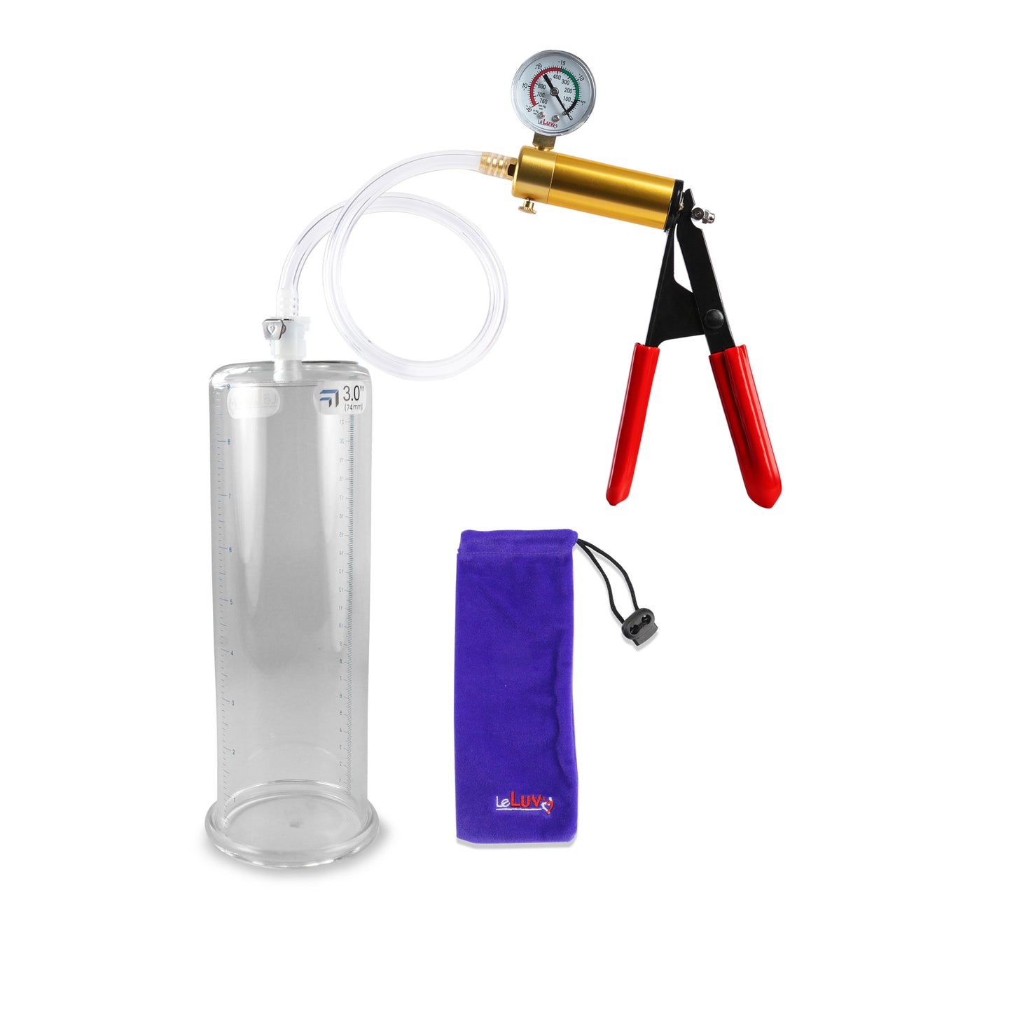 Ultima Brass Red Penis Pump | Rubber Grip, Clear Hose + Gauge | 9" x 3.00" Cylinder