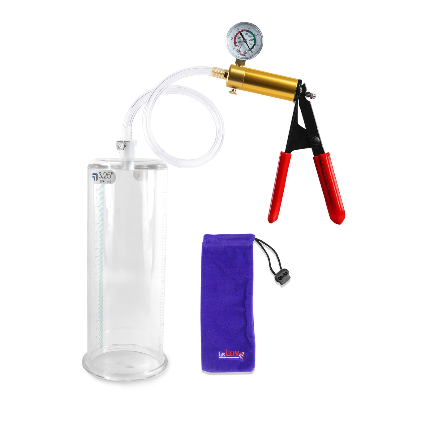 Ultima Brass Red Penis Pump | Rubber Grip, Clear Hose + Gauge | 9" x 3.25" Cylinder