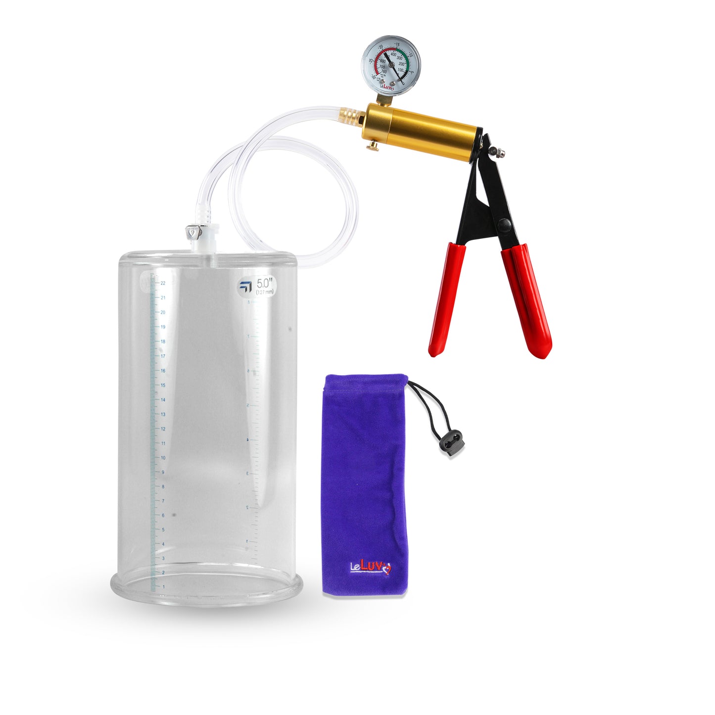 Ultima Brass Red Penis Pump | Rubber Grip, Clear Hose + Gauge | 9" x 5.00" Cylinder 