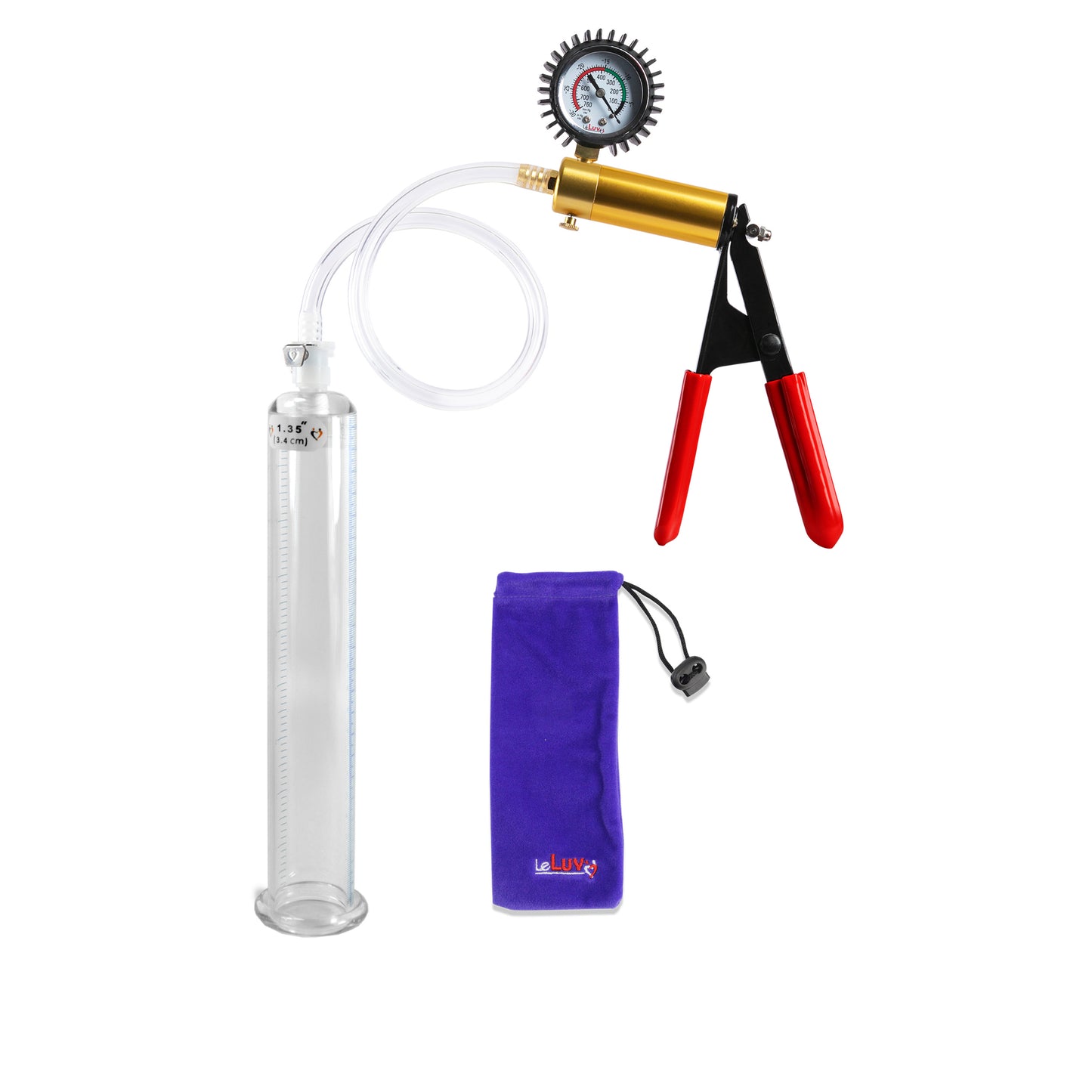 Ultima Brass Red Penis Pump | Rubber Grip, Clear Hose + Protected Gauge | 9" x 1.35"