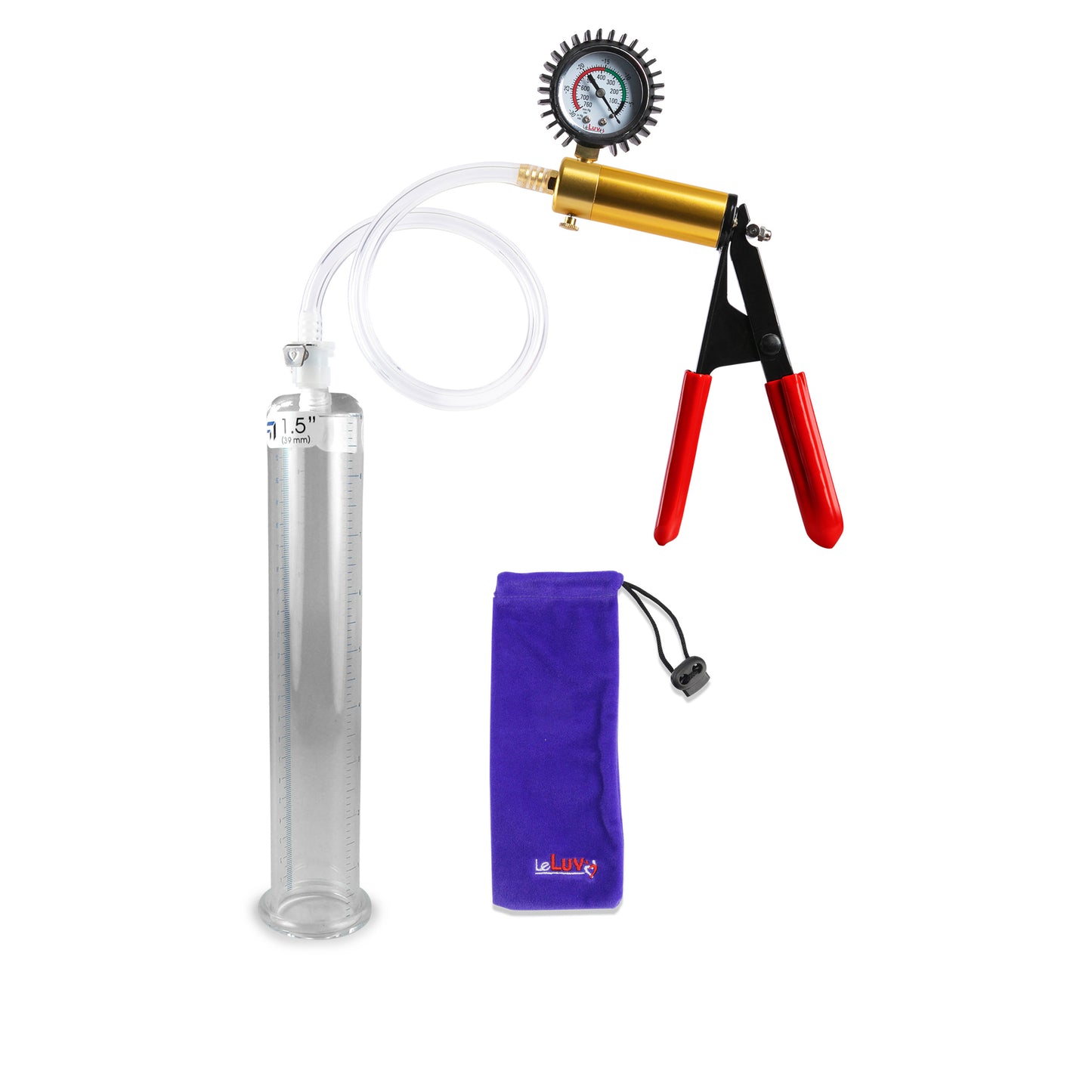 Ultima Brass Red Penis Pump | Rubber Grip, Clear Hose + Protected Gauge | 9" x 1.50"