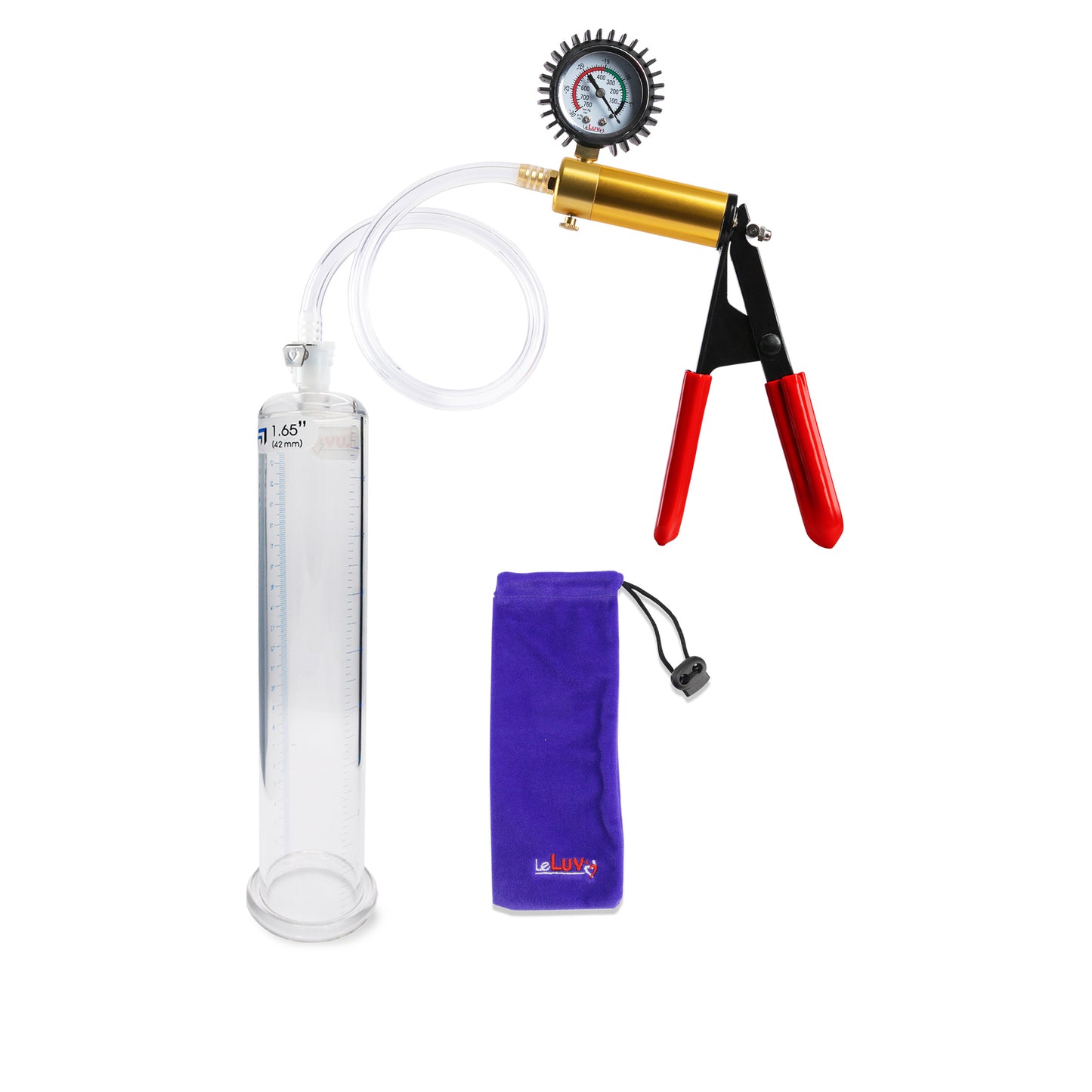 Ultima Brass Red Penis Pump | Rubber Grip, Clear Hose + Protected Gauge | 9" x 1.65" Cylinder 