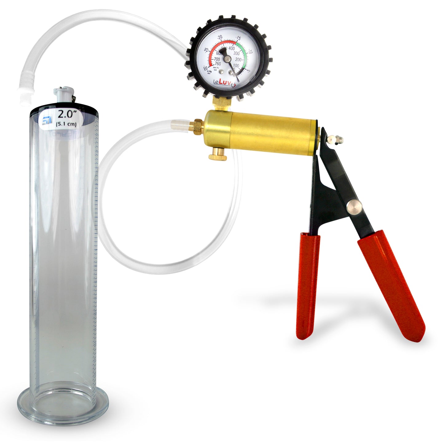 Ultima Silver Red Penis Pump | Rubber Grip, Silicone Hose + Protected Gauge | 9" x 2.00" Wide Flange Cylinder