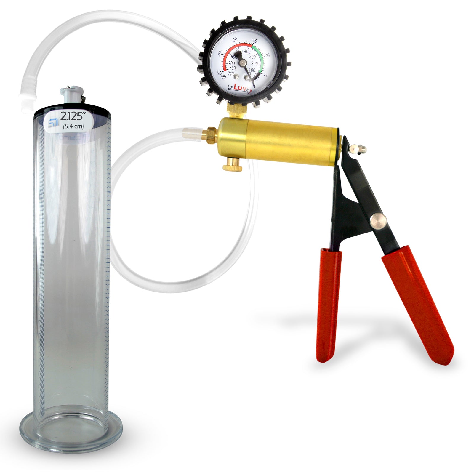 Ultima Silver Red Penis Pump | Rubber Grip, Silicone Hose + Protected Gauge | 9" x 2.125" Wide Flange Cylinder