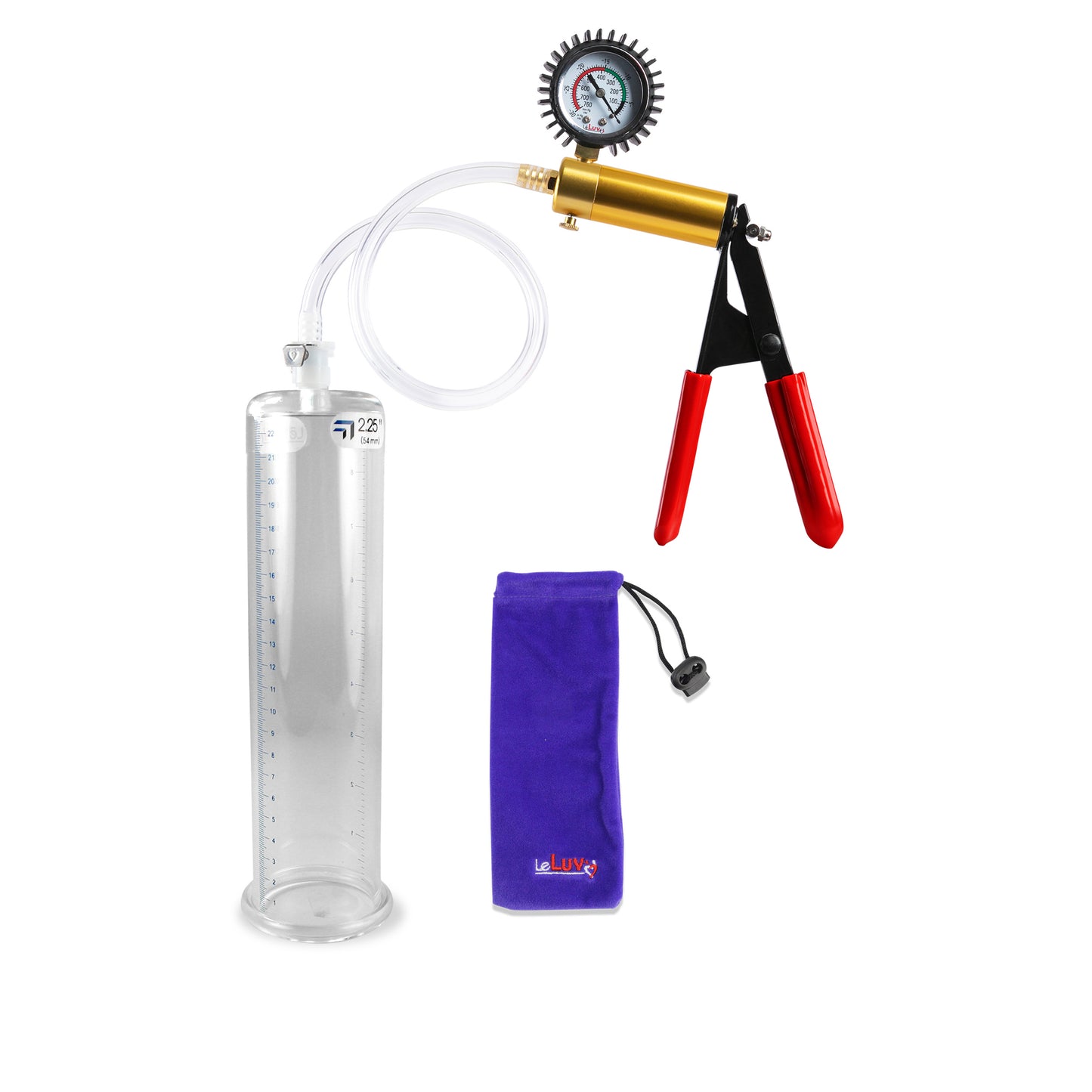 Ultima Brass Red Penis Pump | Rubber Grip, Clear Hose + Protected Gauge | 9" x 2.25"