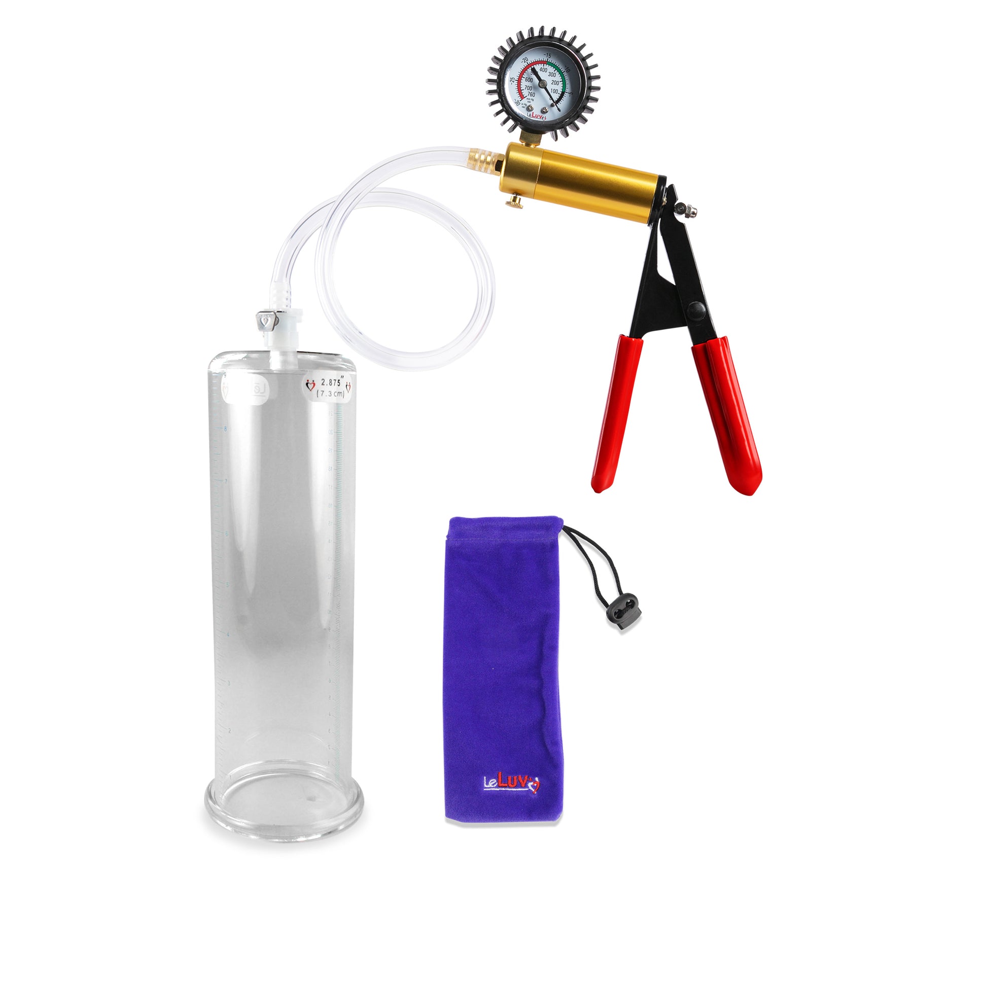 Ultima Brass Red Penis Pump | Rubber Grip, Clear Hose + Protected Gauge | 9" x 2.875"