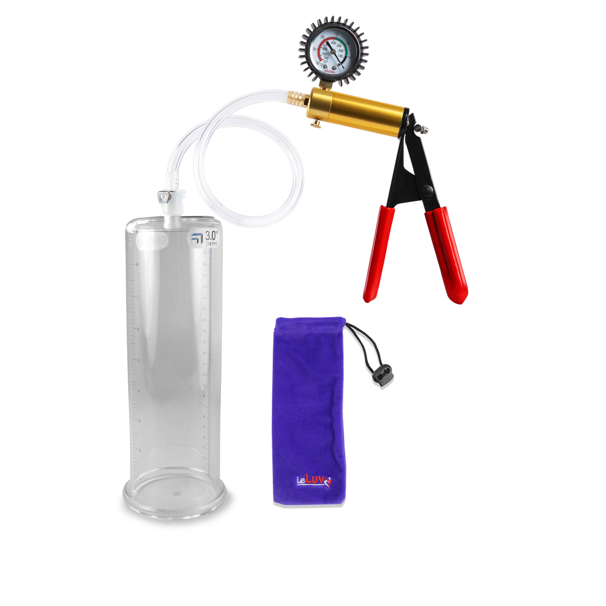 Ultima Brass Red Penis Pump | Rubber Grip, Clear Hose + Protected Gauge | 9" x 3.00"