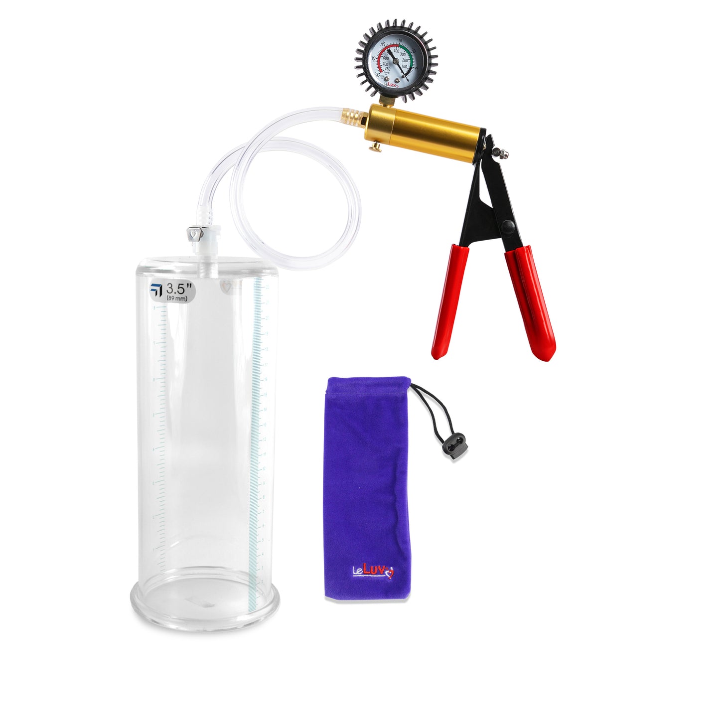 Ultima Brass Red Penis Pump | Rubber Grip, Clear Hose + Protected Gauge | 9" x 3.50"