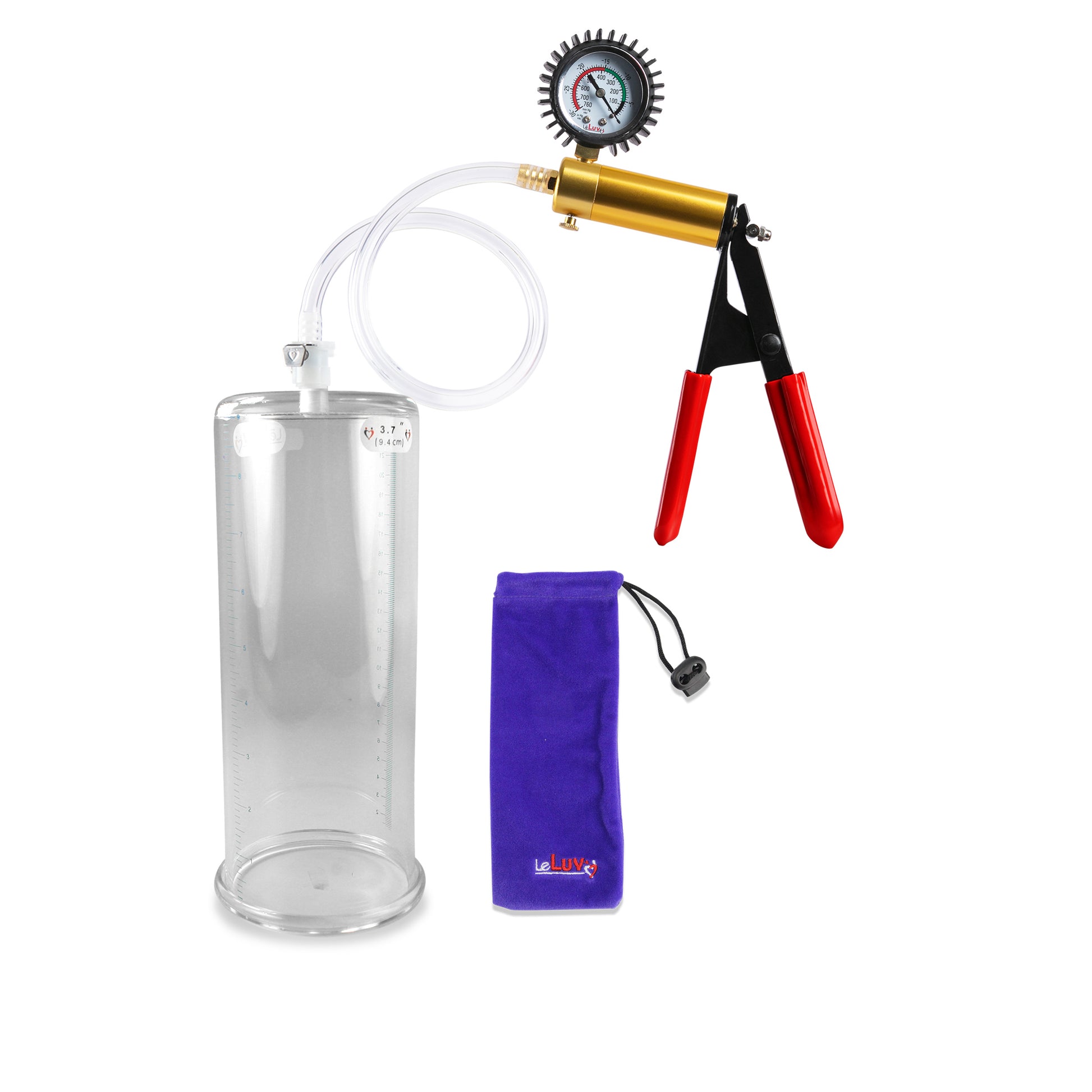 Ultima Brass Red Penis Pump | Rubber Grip, Clear Hose + Protected Gauge | 9" x 3.70"