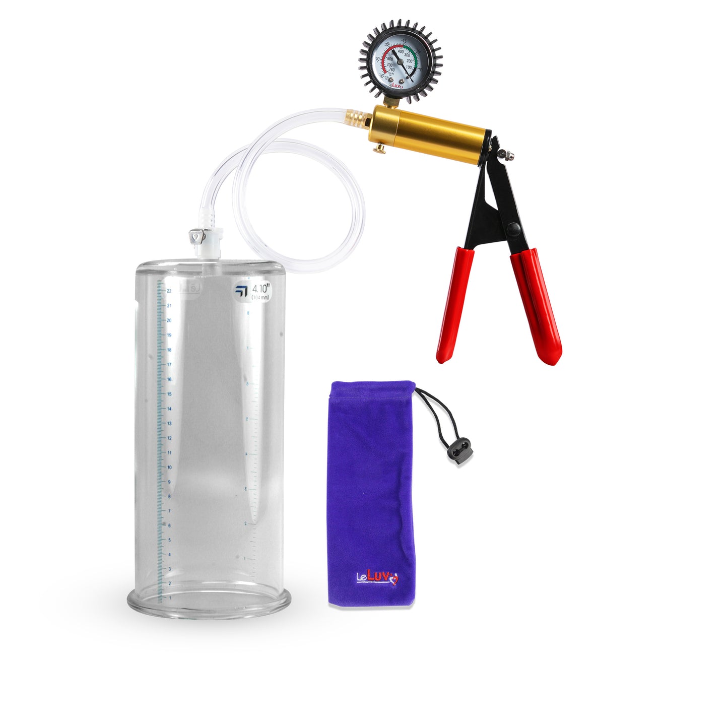 Ultima Brass Red Penis Pump | Rubber Grip, Clear Hose + Protected Gauge | 9" x 4.10" Cylinder 