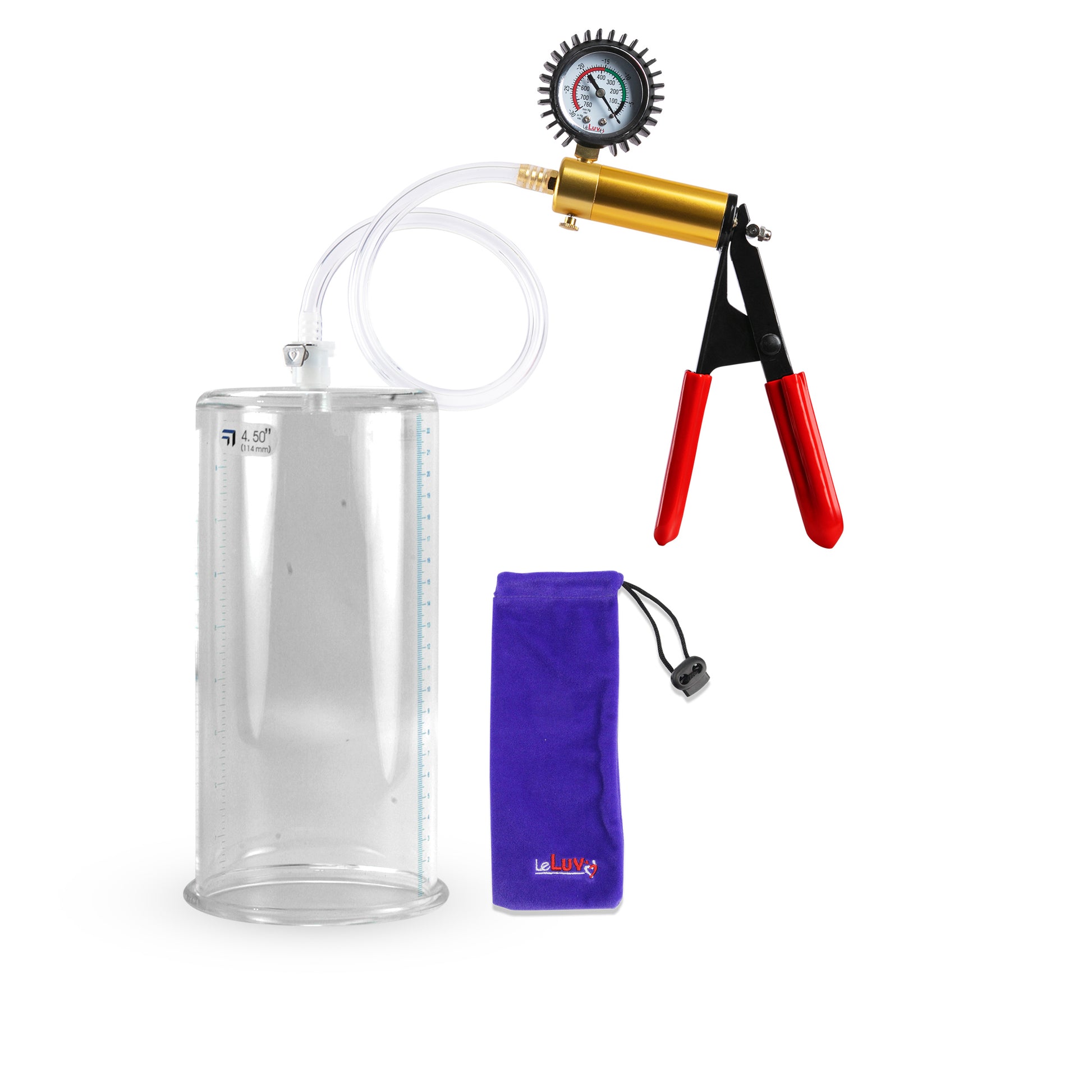 Ultima Brass Red Penis Pump | Rubber Grip, Clear Hose + Protected Gauge | 9" x 4.50" Cylinder 