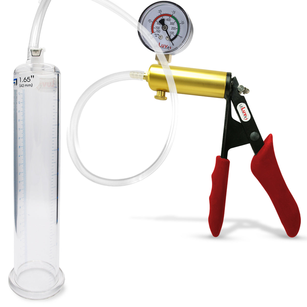 Ultima Brass Red Penis Pump | Silicone Grip, Clear Hose + Gauge | 9" Length x 1.65" Cylinder Diameter