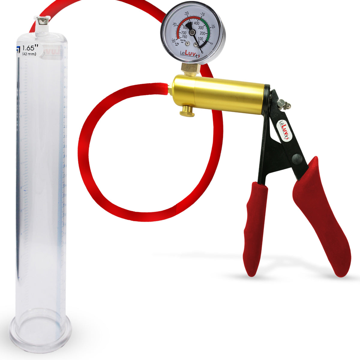 Ultima Brass Red Penis Pump | Silicone Grip, Silicone Hose + Gauge | 12" Length x 1.65" Cylinder Diameter