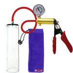 Ultima Brass Red Penis Pump | Silicone Grip, Silicone Hose + Gauge | 12" x 3.1" Thick-Walled Cylinder