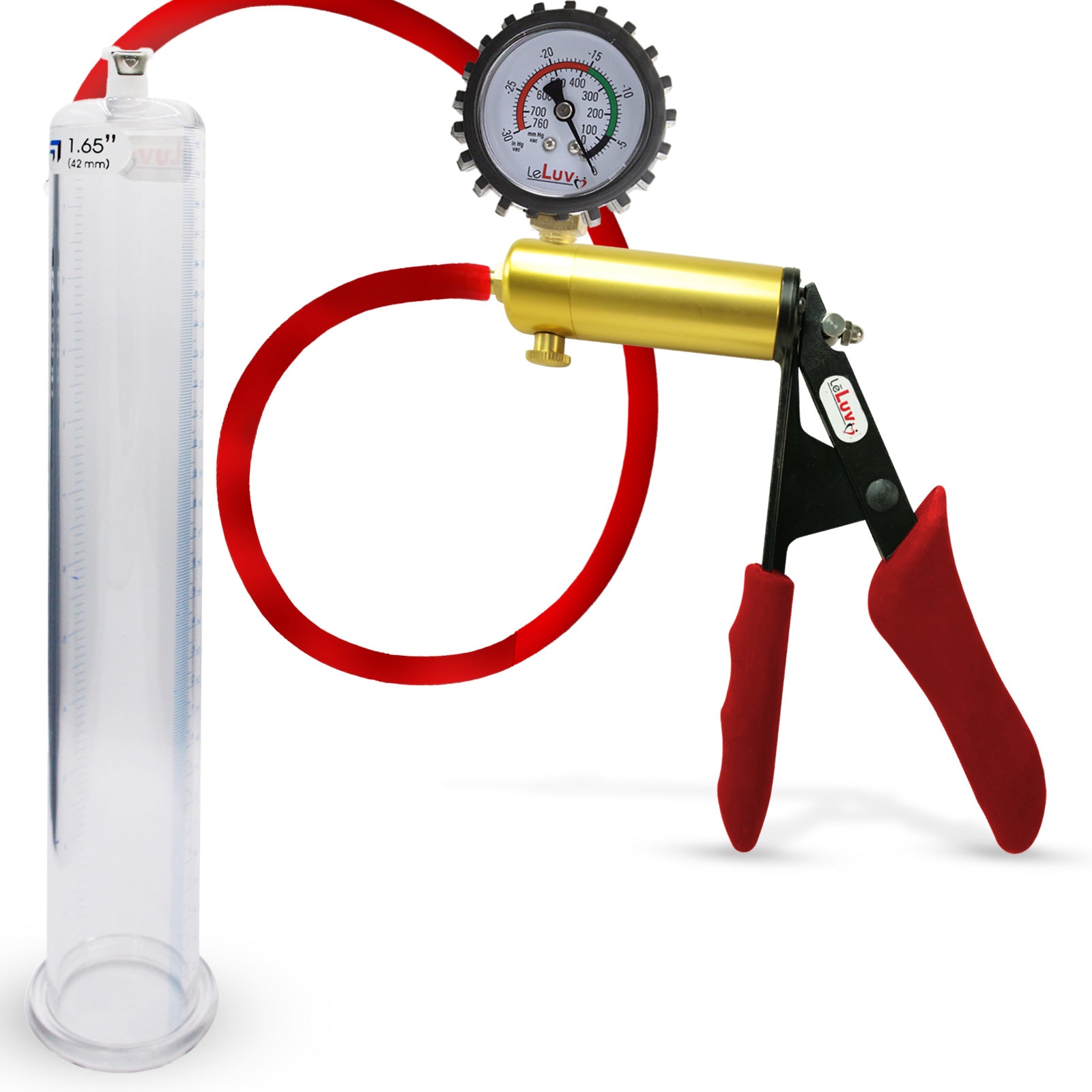 Ultima Brass Red Penis Pump | Silicone Grip, Silicone Hose + Protected Gauge | 12" Length 1.65" Cylinder Diameter