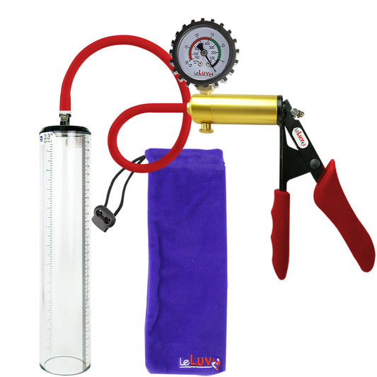 Ultima Brass Red Penis Pump | Silicone Grip, Silicone Hose + Protected Gauge | 12" x 2.3" Thick-Walled Cylinder
