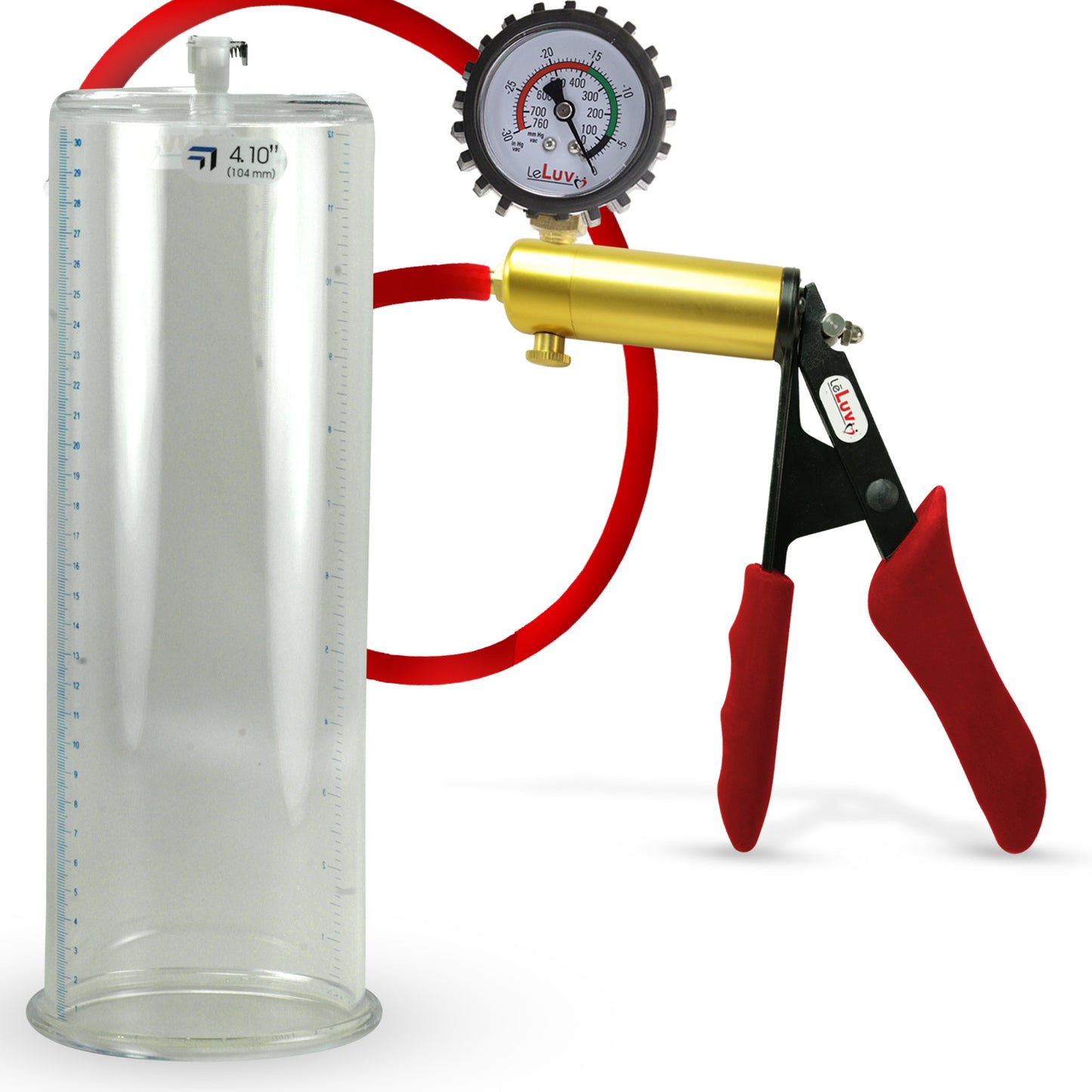 Ultima Brass Red Penis Pump | Silicone Grip, Silicone Hose + Protected Gauge | 9" Length 4.10" Cylinder Diameter