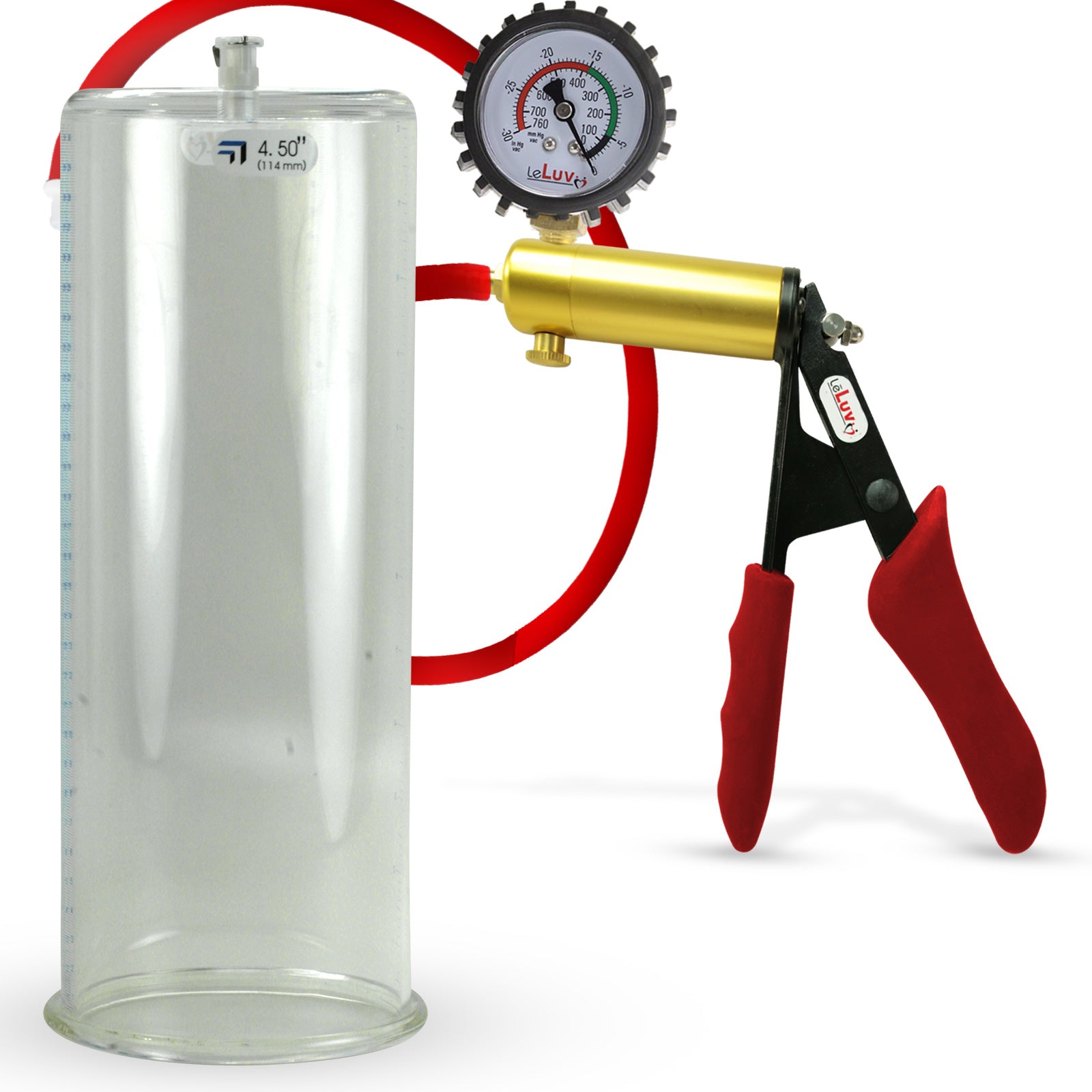 Ultima Brass Red Penis Pump | Silicone Grip, Silicone Hose + Protected Gauge | 9" Length 4.50" Cylinder Diameter