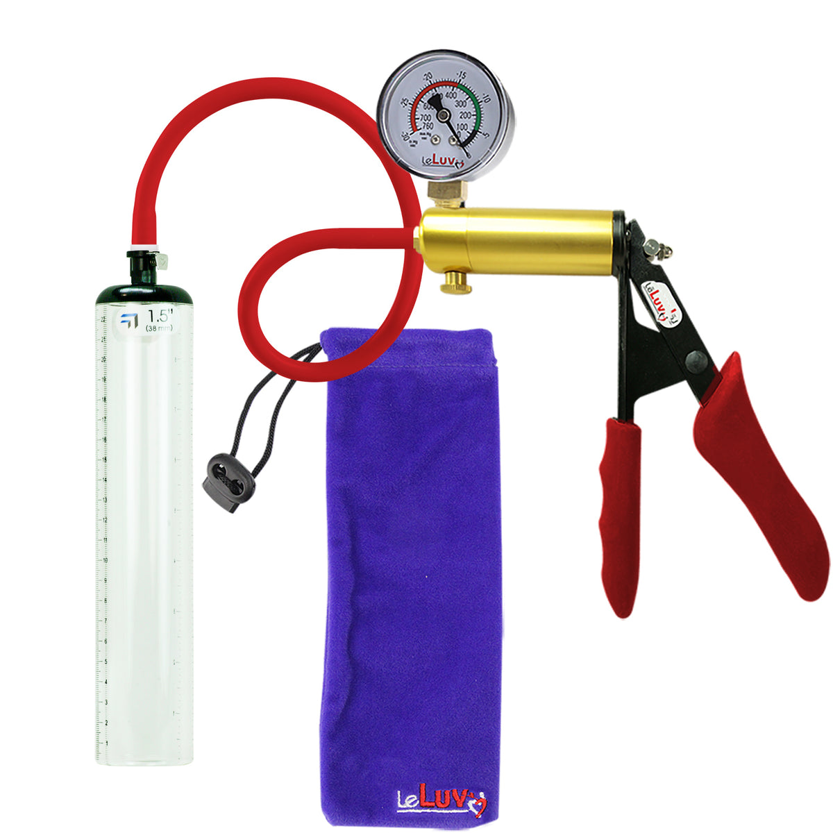 Ultima Brass Red Penis Pump | Silicone Grip, Silicone Hose + Gauge | 9" x 1.5" Thick-Walled Cylinder