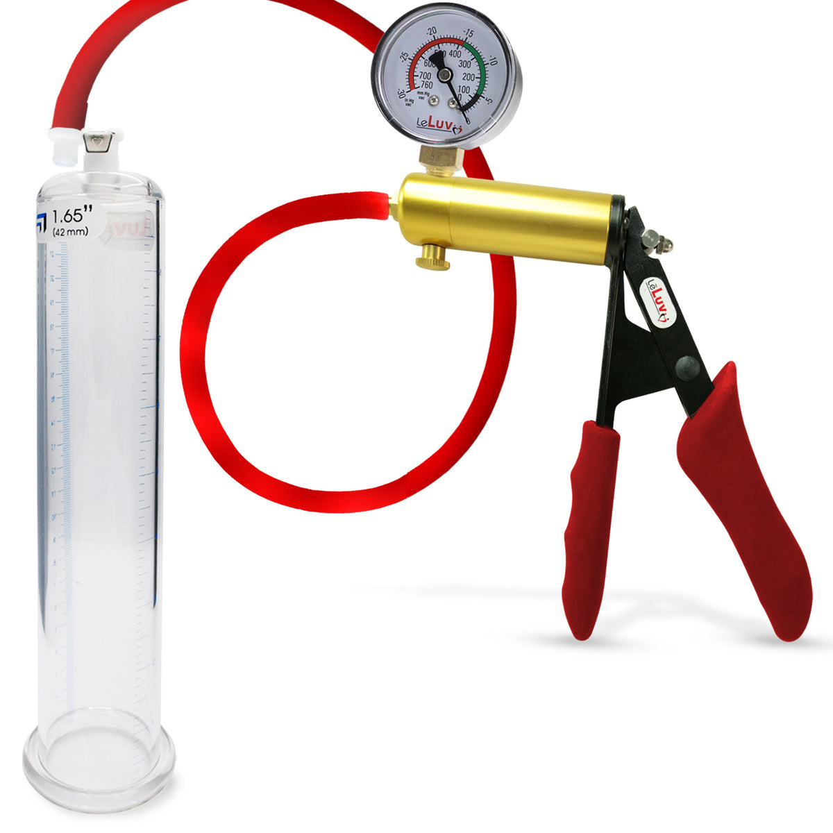 Ultima Brass Red Penis Pump | Silicone Grip, Silicone Hose + Gauge | 9" Length x 1.65" Cylinder Diameter