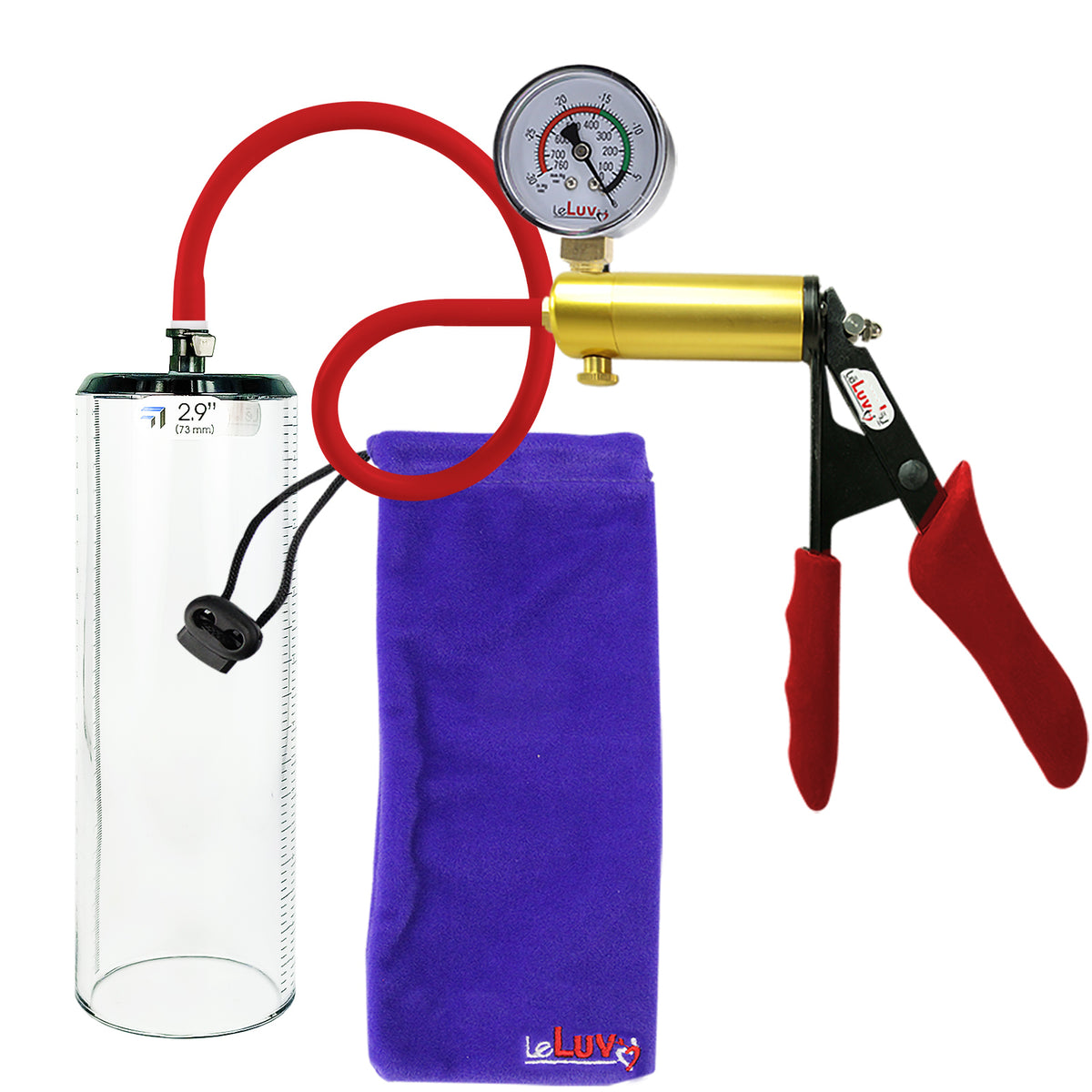 Ultima Brass Red Penis Pump | Silicone Grip, Silicone Hose + Gauge | 9" x 2.9" Thick-Walled Cylinder