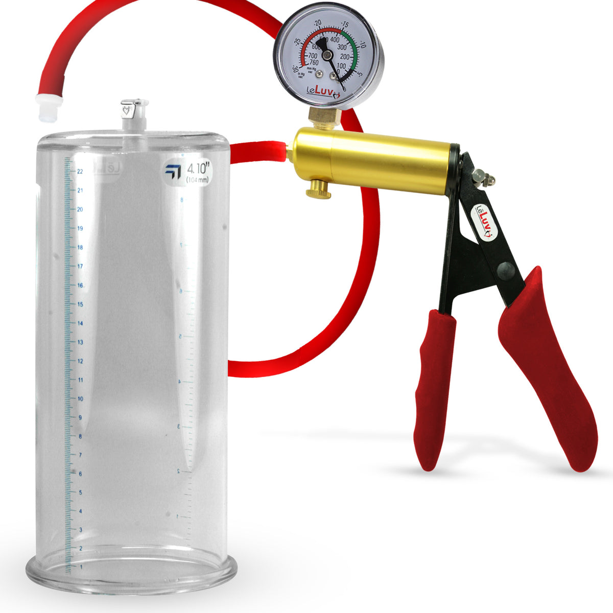 Ultima Brass Red Penis Pump | Silicone Grip, Silicone Hose + Gauge | 9" Length x 4.10" Cylinder Diameter