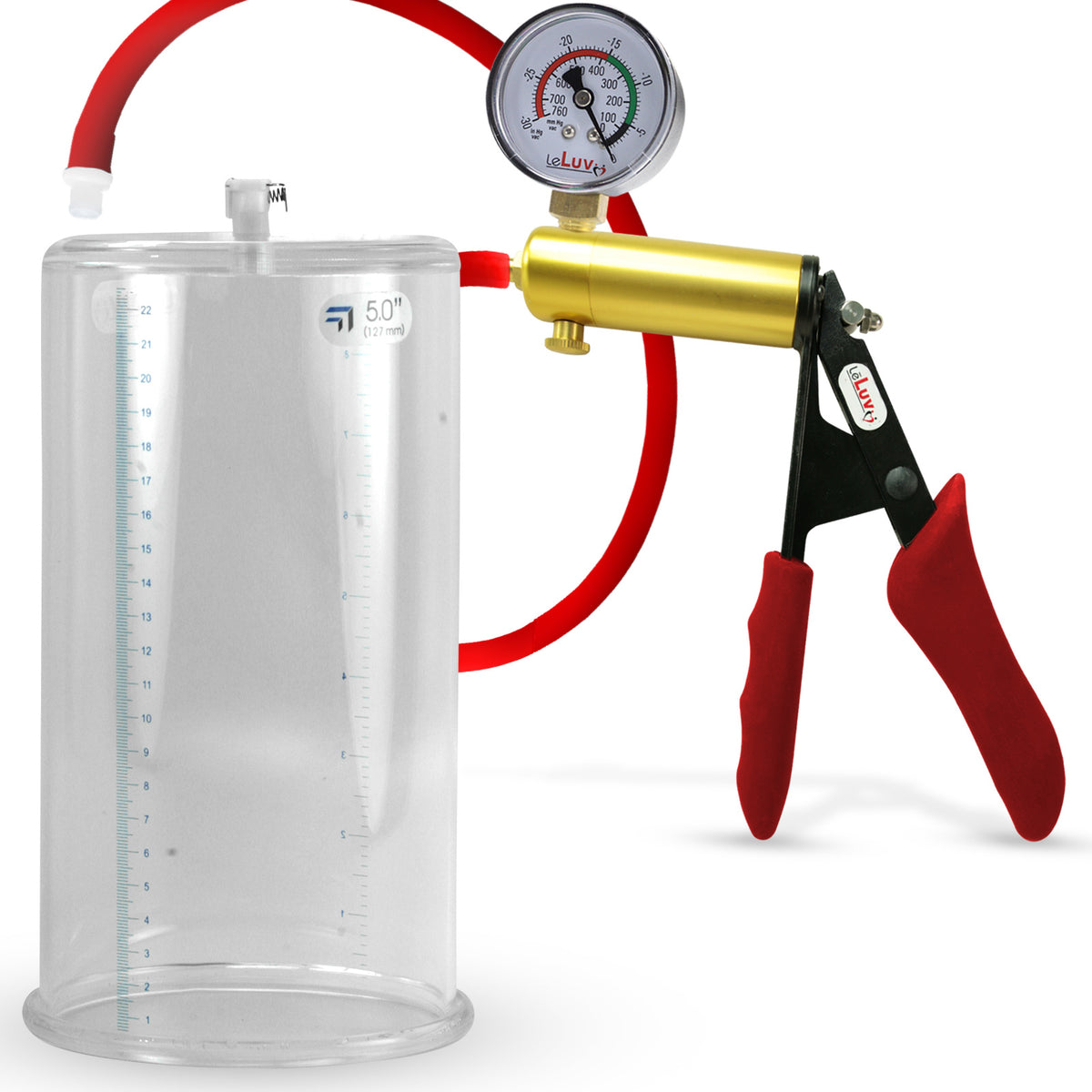 Ultima Brass Red Penis Pump | Silicone Grip, Silicone Hose + Gauge | 9" Length x 5.00" Cylinder Diameter
