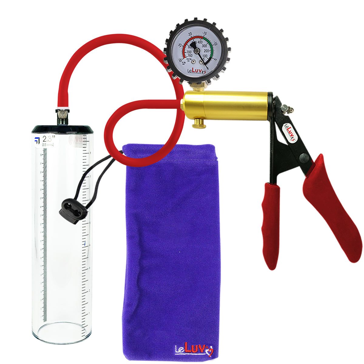 Ultima Brass Red Penis Pump | Silicone Grip, Silicone Hose + Protected Gauge | 9" x 2.3" Thick-Walled Cylinder