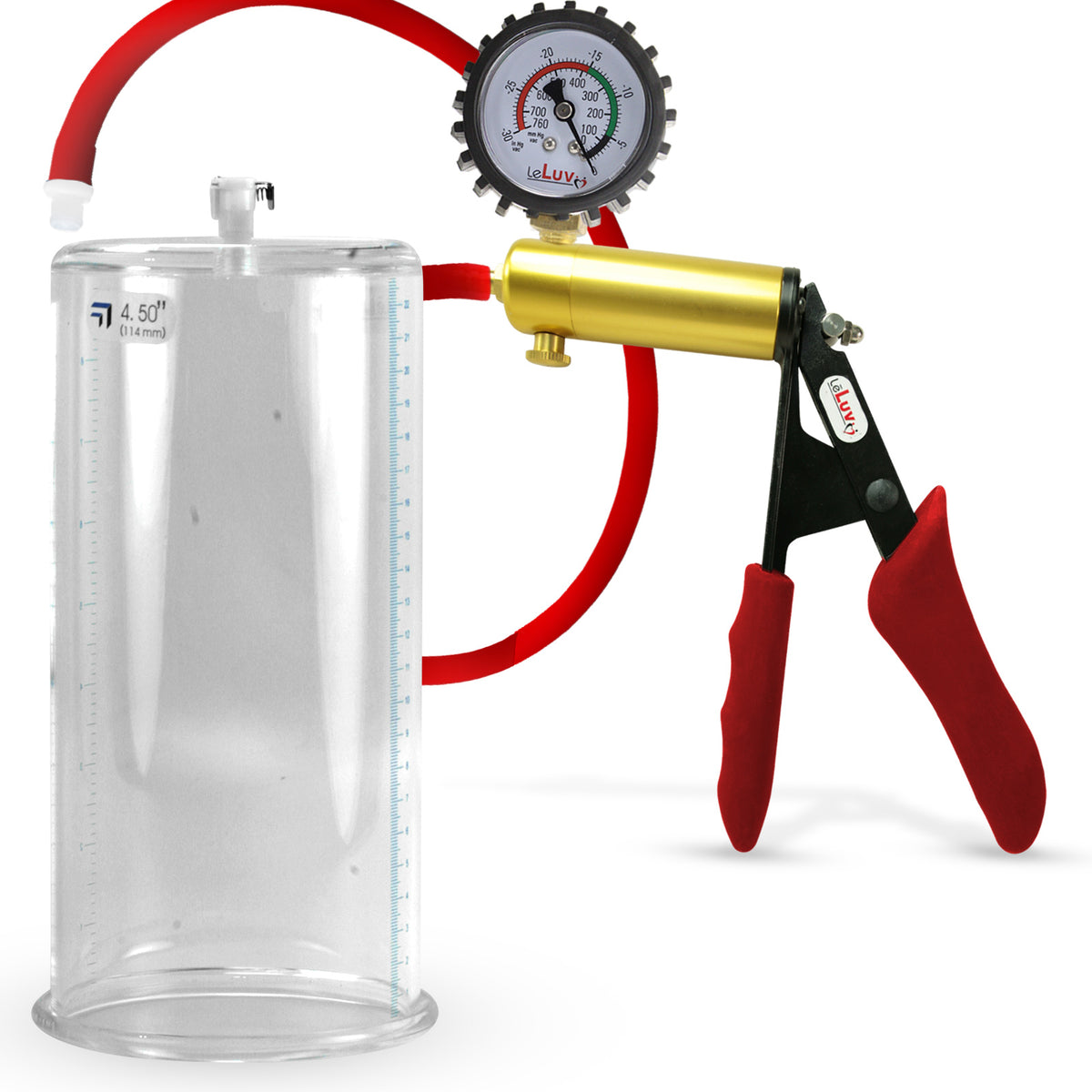 Ultima Brass Red Penis Pump | Silicone Grip, Silicone Hose + Protected Gauge | 9" Length 4.50" Cylinder Diameter