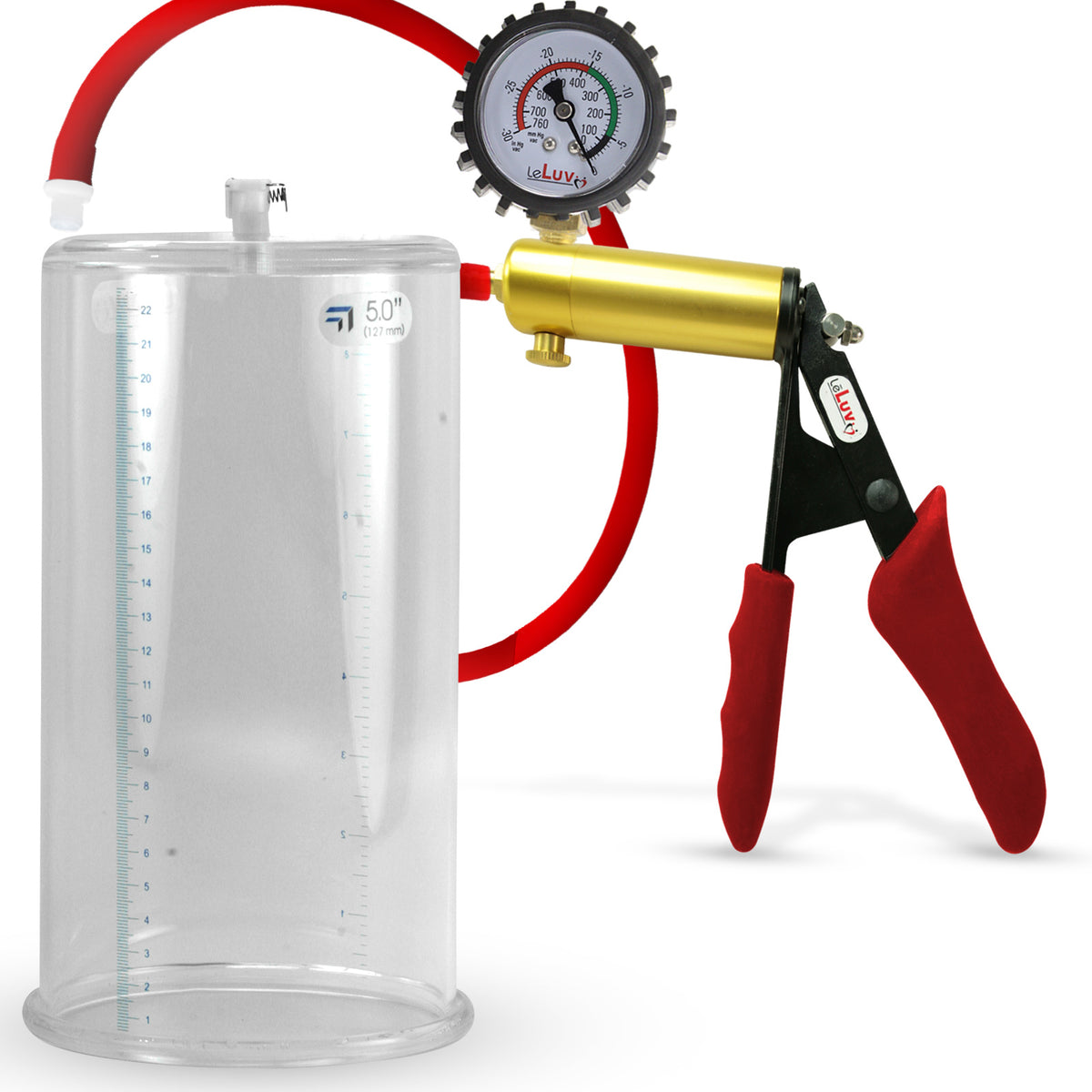 Ultima Brass Red Penis Pump | Silicone Grip, Silicone Hose + Protected Gauge | 9" Length 5.00" Cylinder Diameter