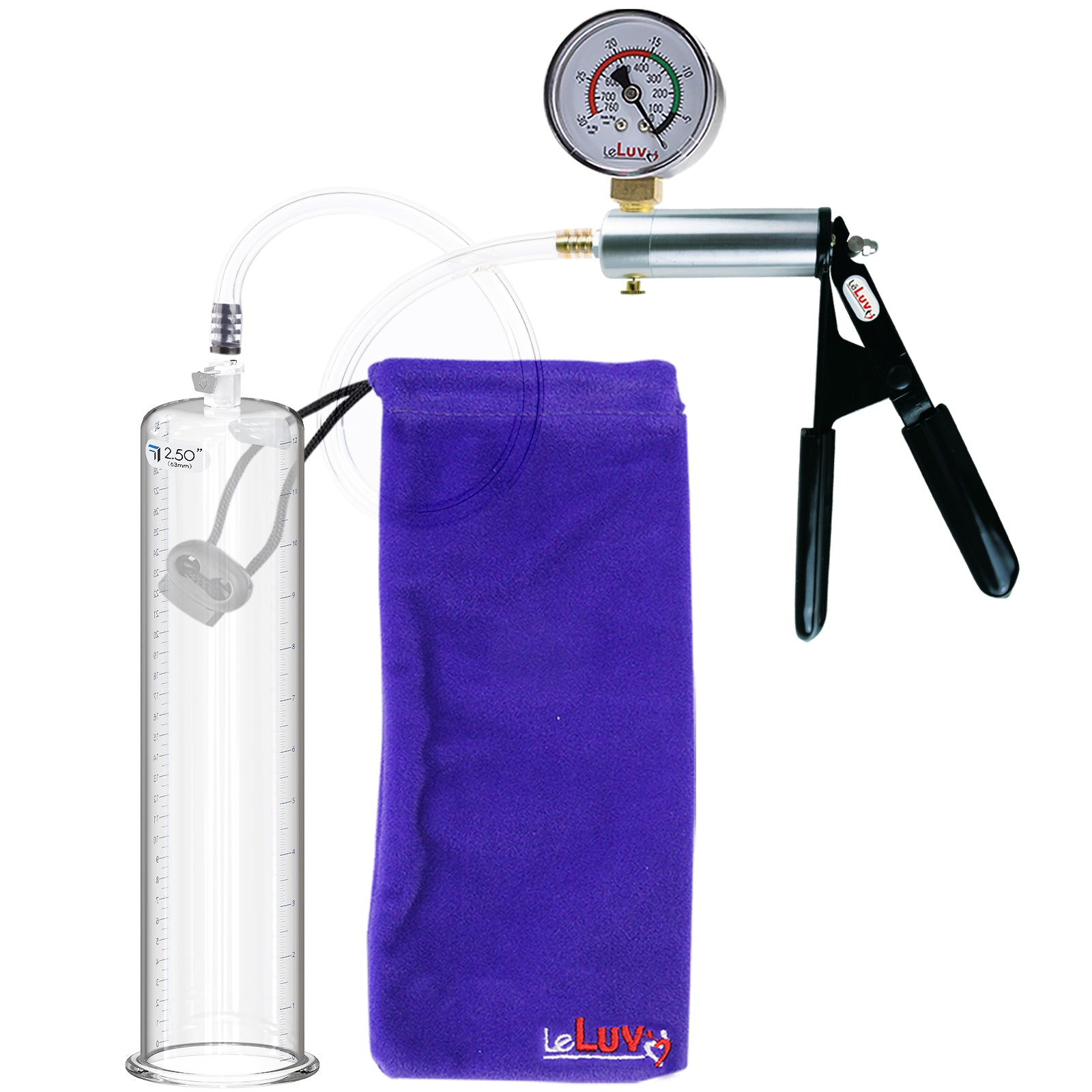 Ultima Silver Black Penis Pump | Rubber Grip, Clear Hose + Gauge | 12" x 2.50" Round Flange Cylinder