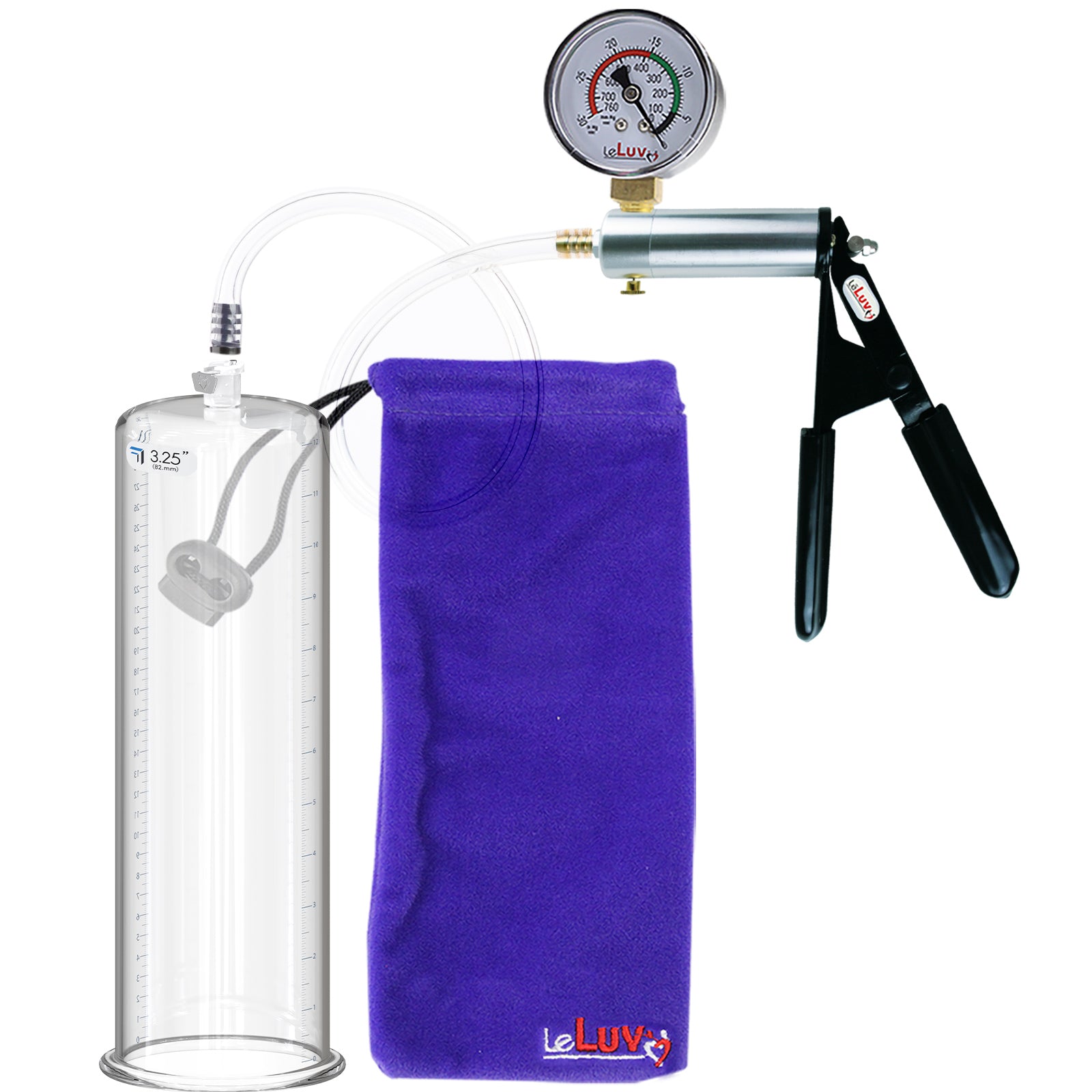 Ultima Silver Black Penis Pump | Rubber Grip, Clear Hose + Gauge | 12" x 3.25" Round Flange Cylinder