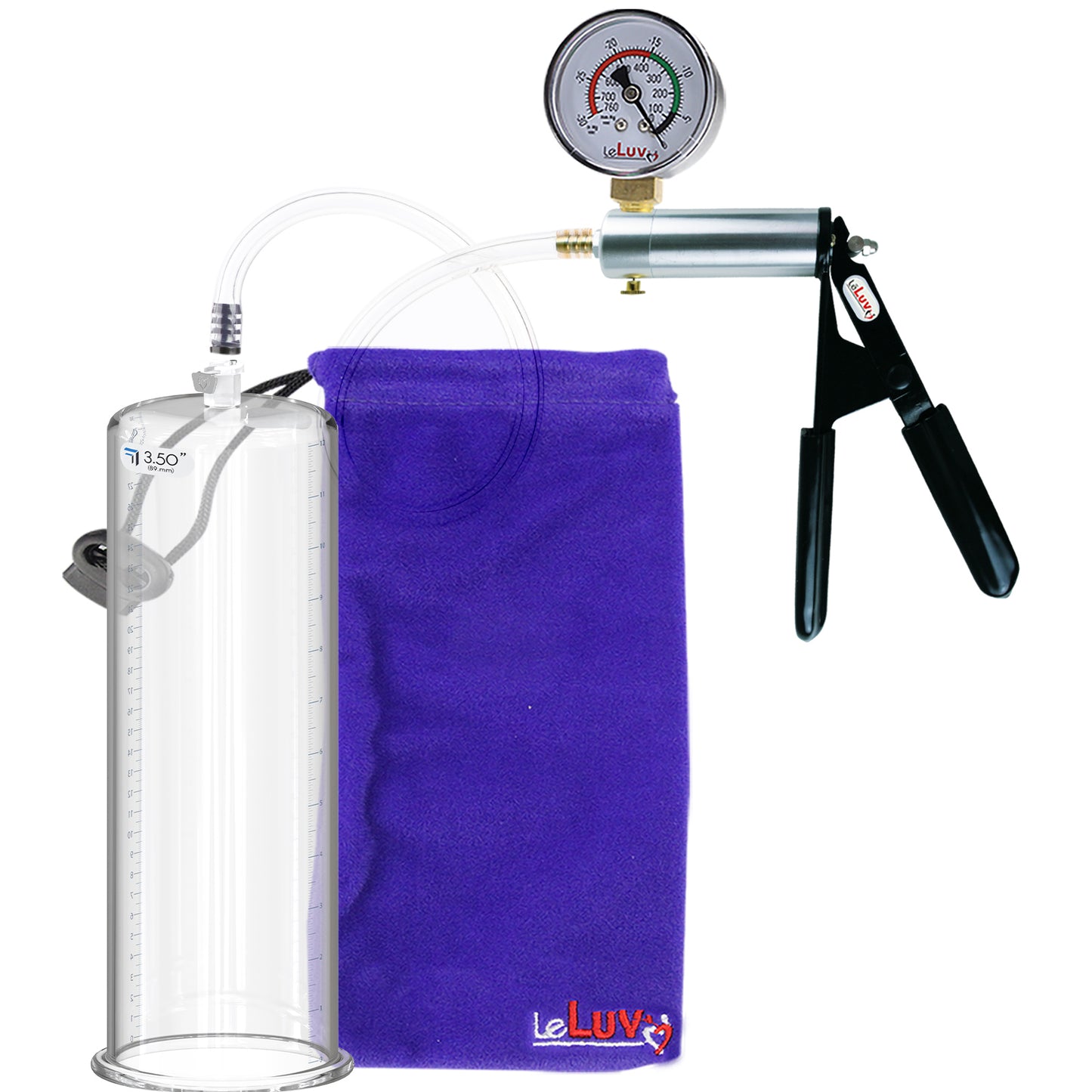 Ultima Silver Black Penis Pump | Rubber Grip, Clear Hose + Gauge | 12" x 3.50" Round Flange Cylinder