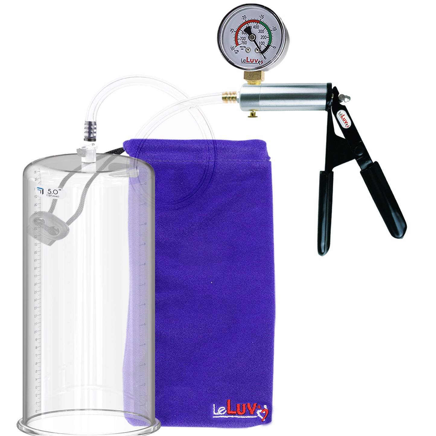 Ultima Silver Black Penis Pump | Rubber Grip, Clear Hose + Gauge | 12" x 5.00" Round Flange Cylinder 