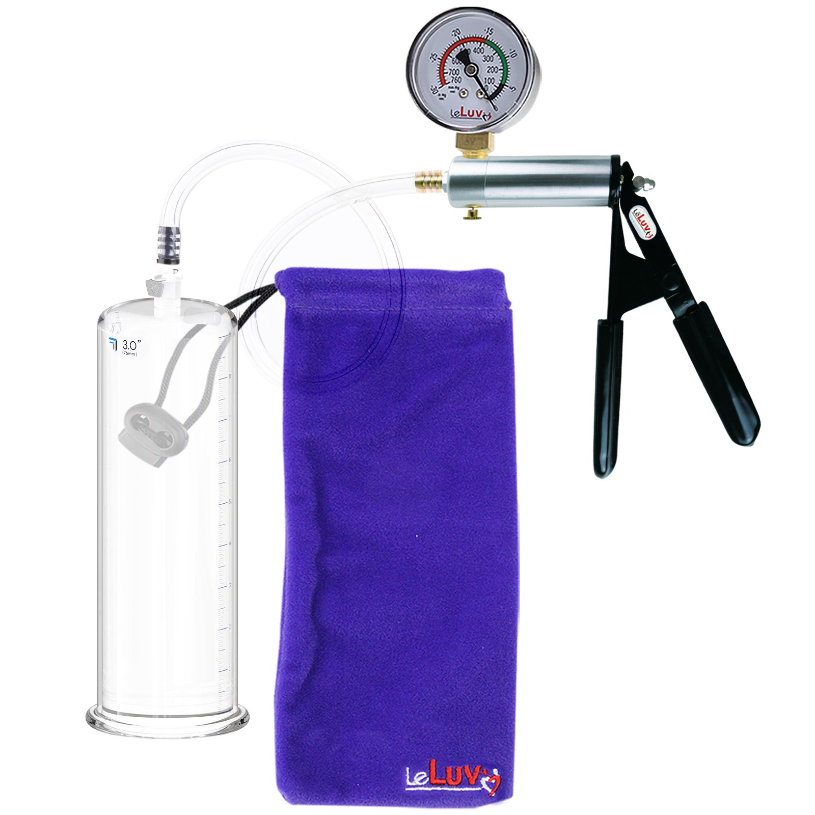 Ultima Silver Black Penis Pump | Rubber Grip, Clear Hose + Gauge | 9" x 3.00" Round Flange Cylinder