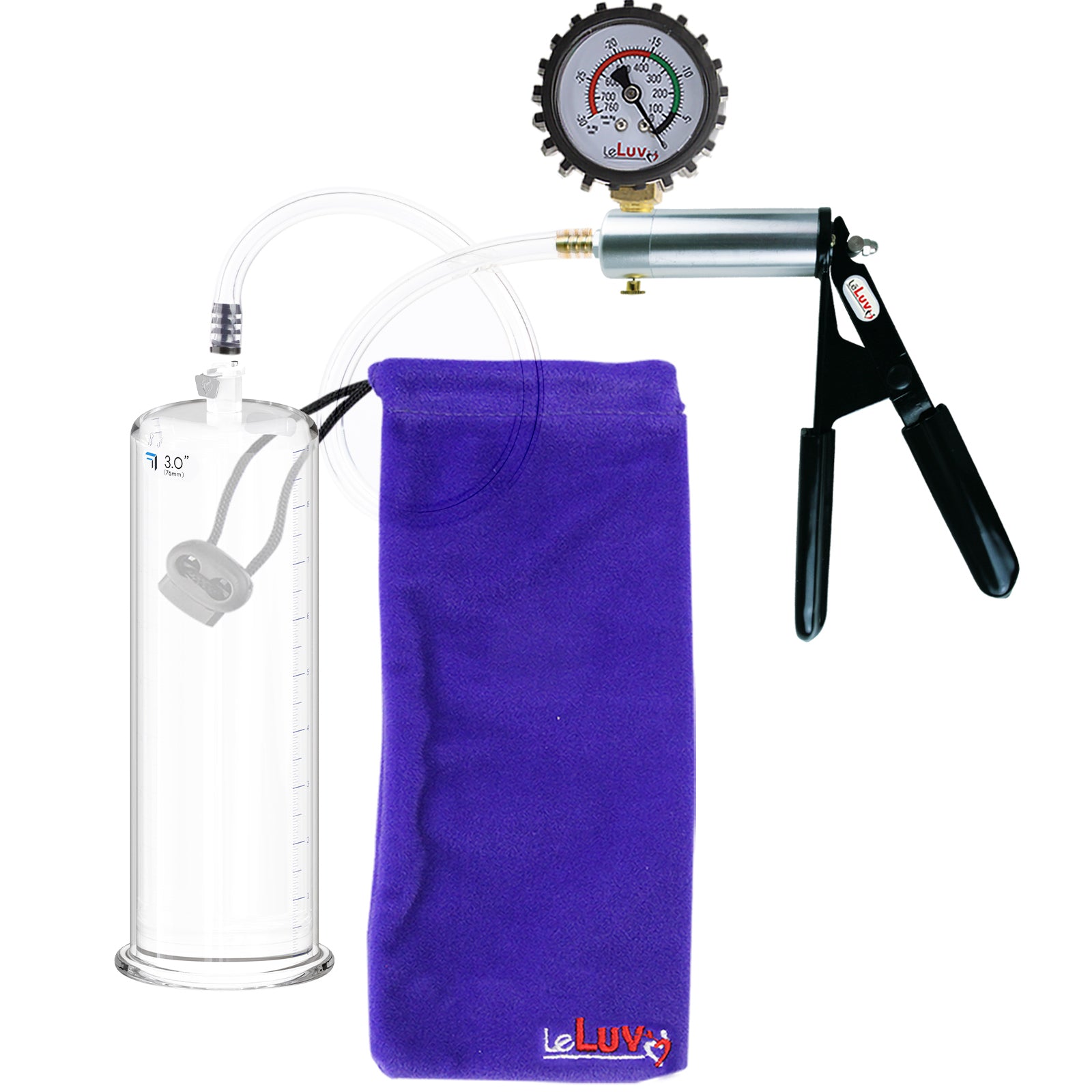 Ultima Silver Black Penis Pump | Rubber Grip, Clear Hose + Protected Gauge | 9" x 3.00" Round Flange Cylinder