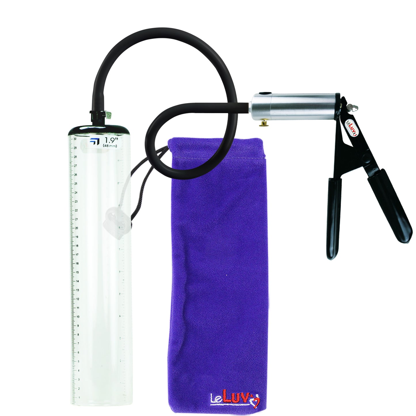 LeLuv Ultima Silver Black Penis Pump | Rubber Grip, Silicone Hose - 12" x 1.9" Thick-Walled Cylinder