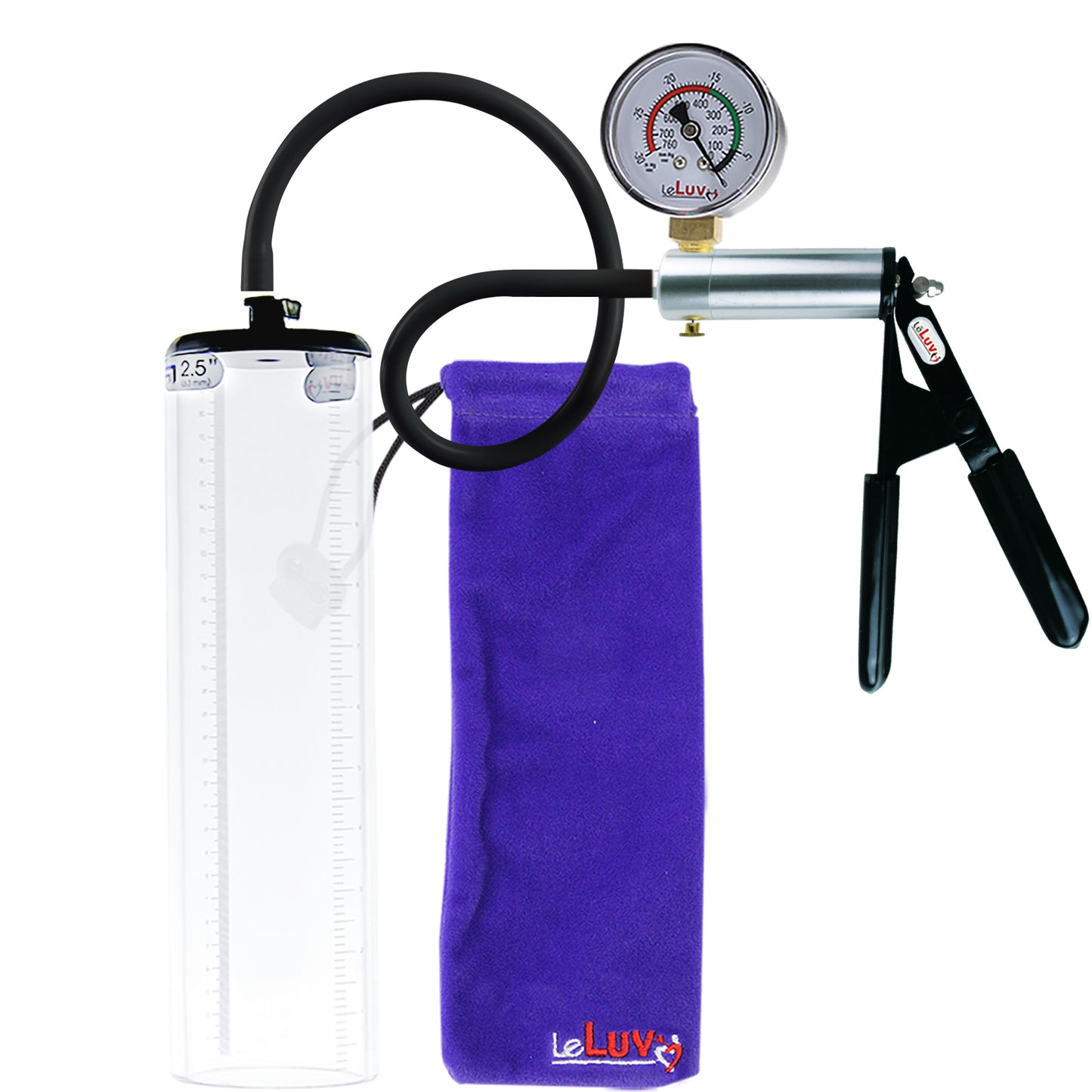 LeLuv Ultima Silver Black Penis Pump | Rubber Grip, Silicone Hose + Gauge | 12" x 2.5" Thick-Walled Cylinder
