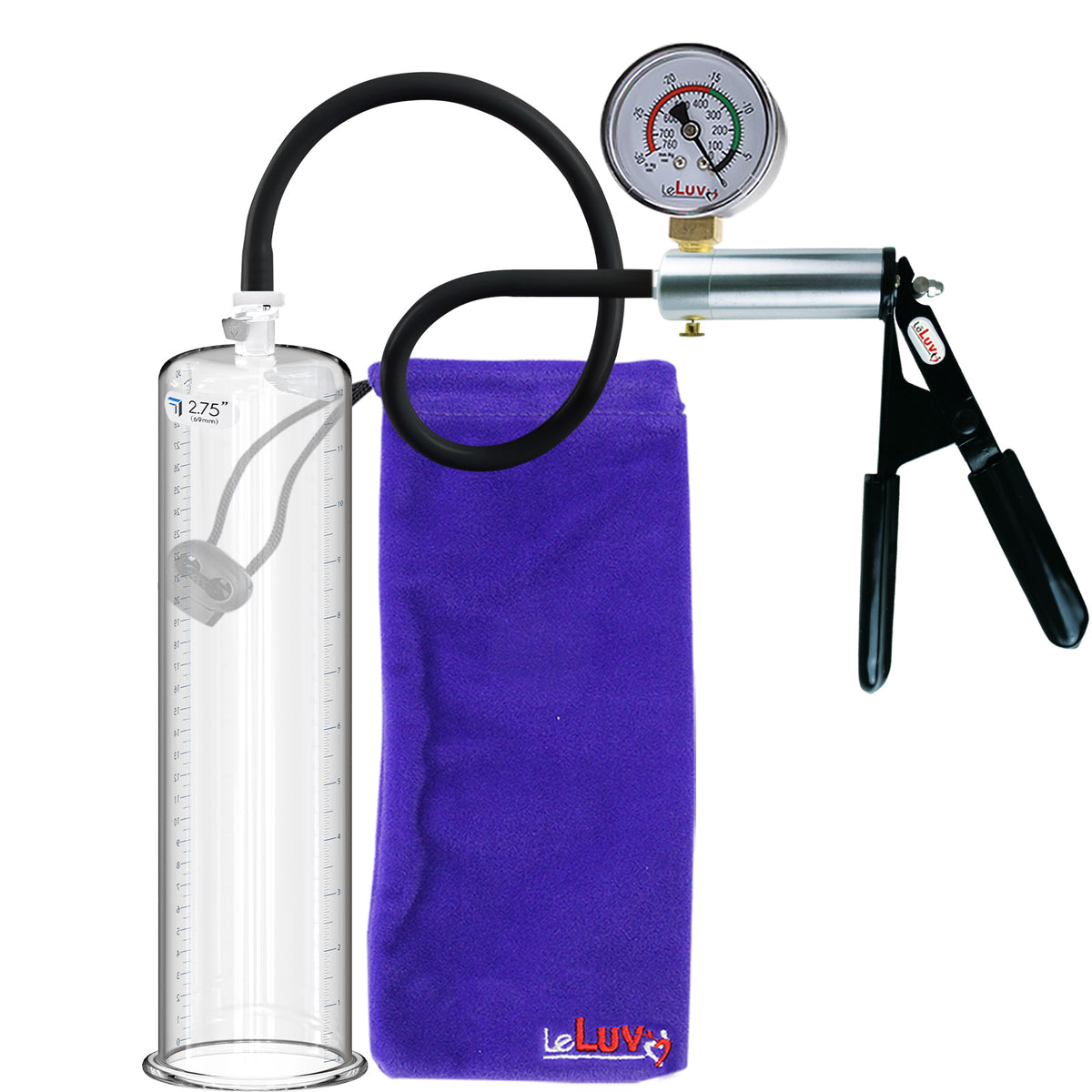 LeLuv Ultima Silver Black Penis Pump | Rubber Grip, Silicone Hose + Gauge | 12" x 2.75" Cylinder 