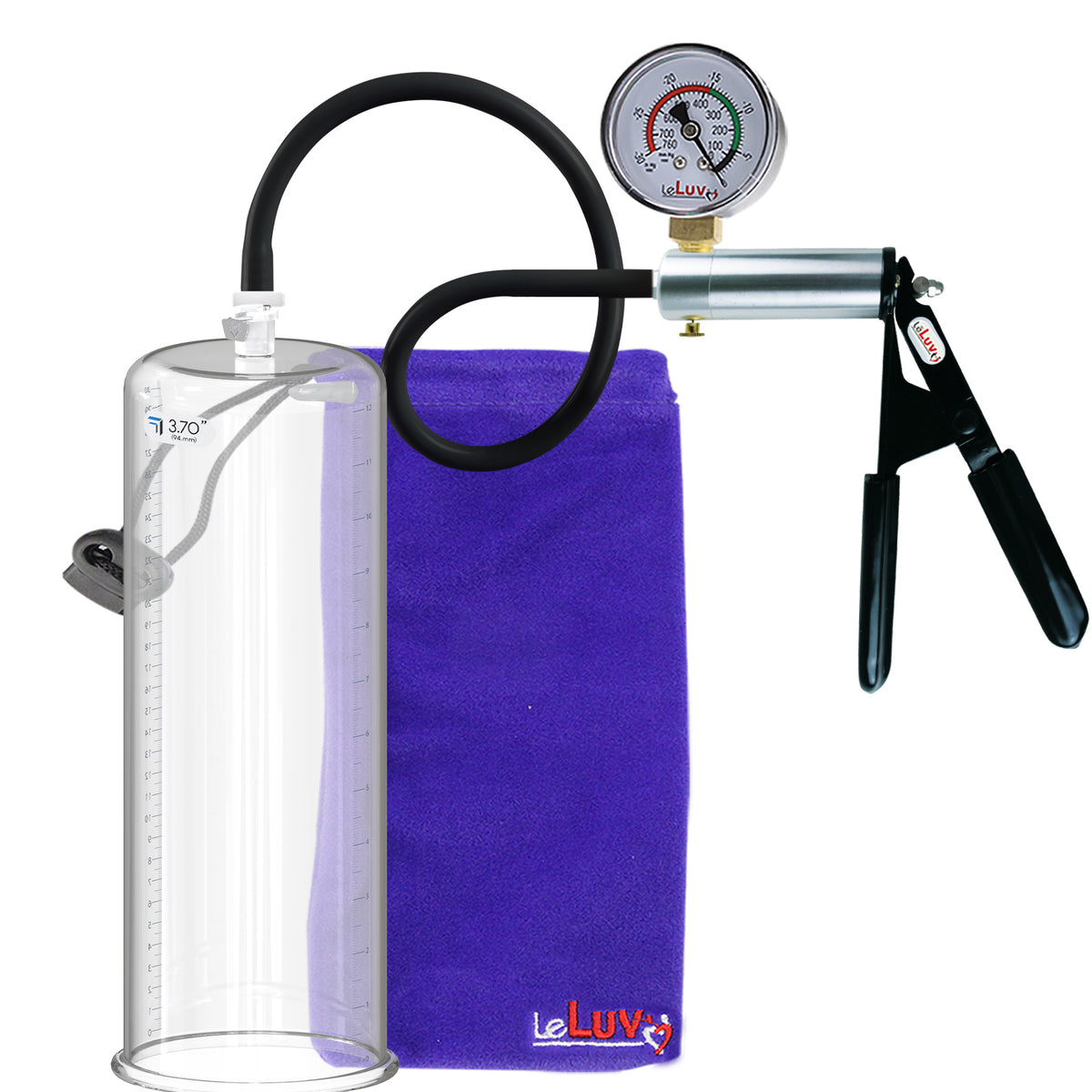 LeLuv Ultima Silver Black Penis Pump | Rubber Grip, Silicone Hose + Gauge | 12" x 3.70" Cylinder 