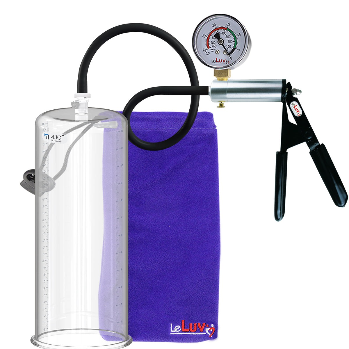 LeLuv Ultima Silver Black Penis Pump | Rubber Grip, Silicone Hose + Gauge | 12" x 4.10" Cylinder 