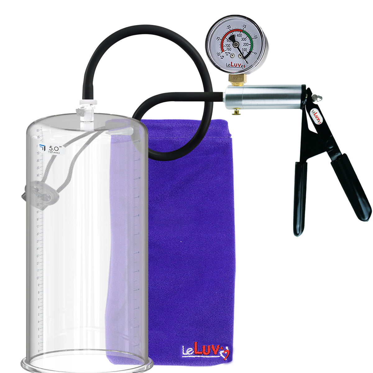 LeLuv Ultima Silver Black Penis Pump | Rubber Grip, Silicone Hose + Gauge | 12" x 5.00" Cylinder 
