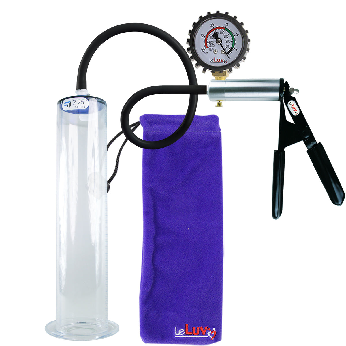 LeLuv Ultima Silver Black Penis Pump | Rubber Grip, Silicone Hose + Protected Gauge | 12" x 2.25" Cylinder Wide Flange 