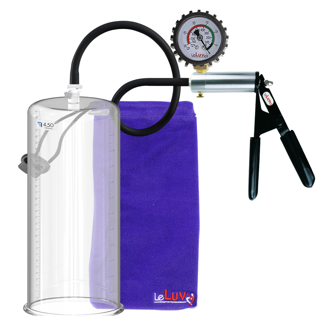 LeLuv Ultima Silver Black Penis Pump | Rubber Grip, Silicone Hose + Protected Gauge | 12" x 4.50" Cylinder